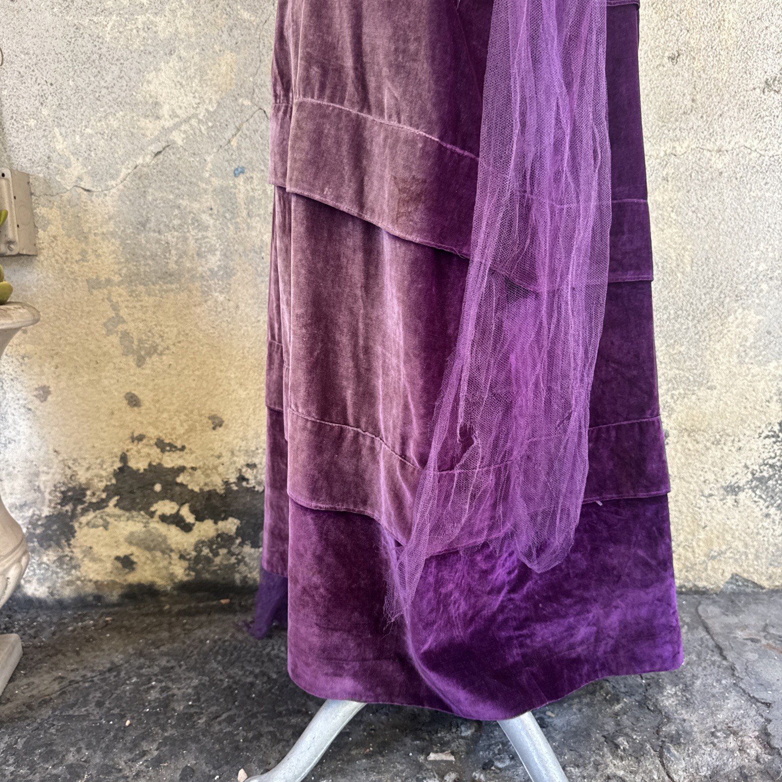 Antique Teens 1920s Purple Silk Velvet Gown Silver Lamé Flowers Dress Vintage