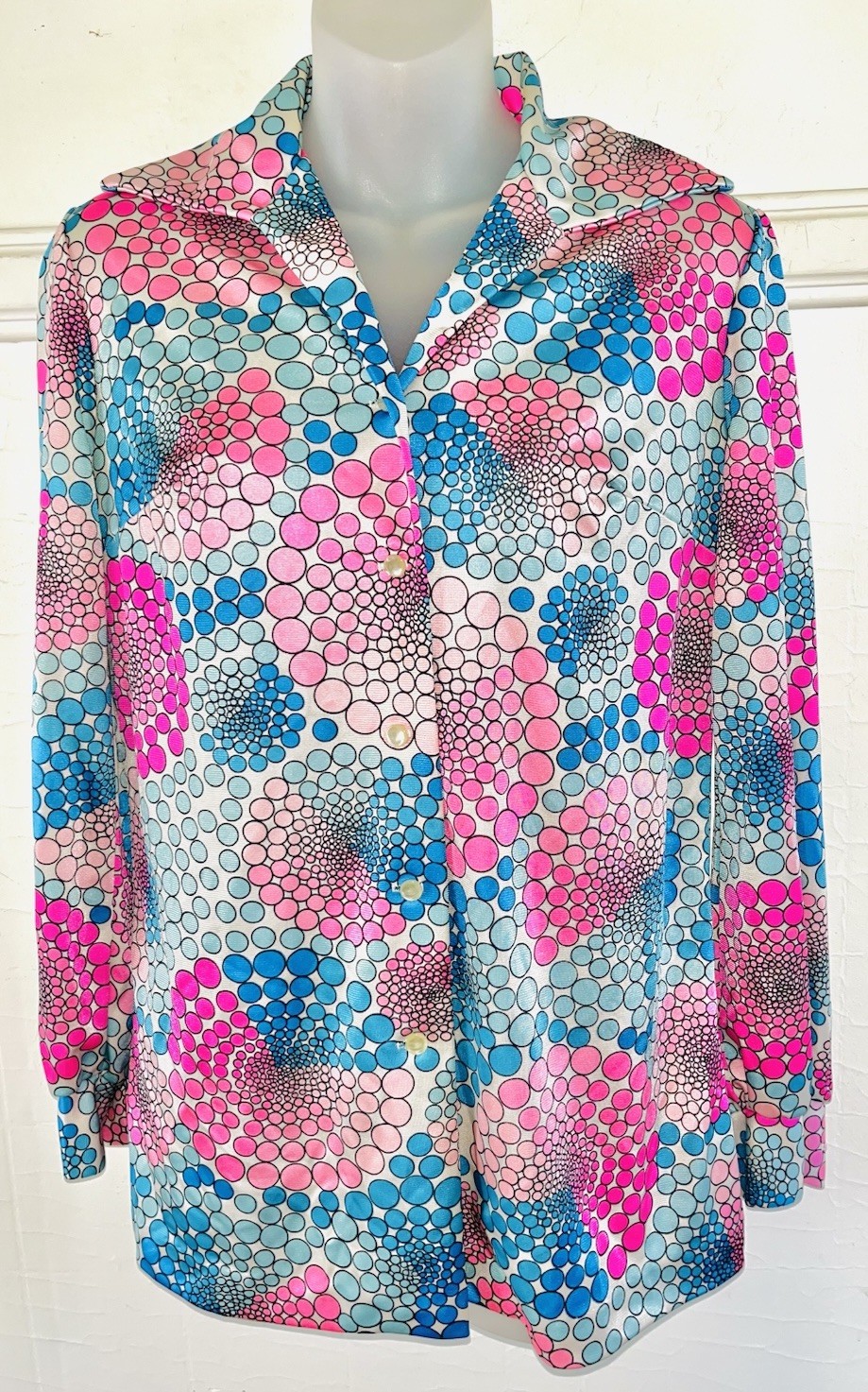 The Most Insane 1970s PYKETTES Shimmer Poly Disco Neon Psychedelic Geo L/S Shirt