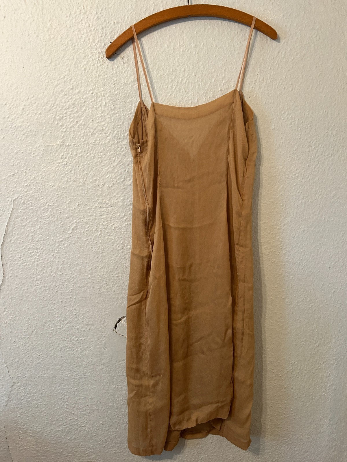 Vtg Pauline Trigere Womens L Sheer Beige Crepe Silk Slip Dress Lingerie