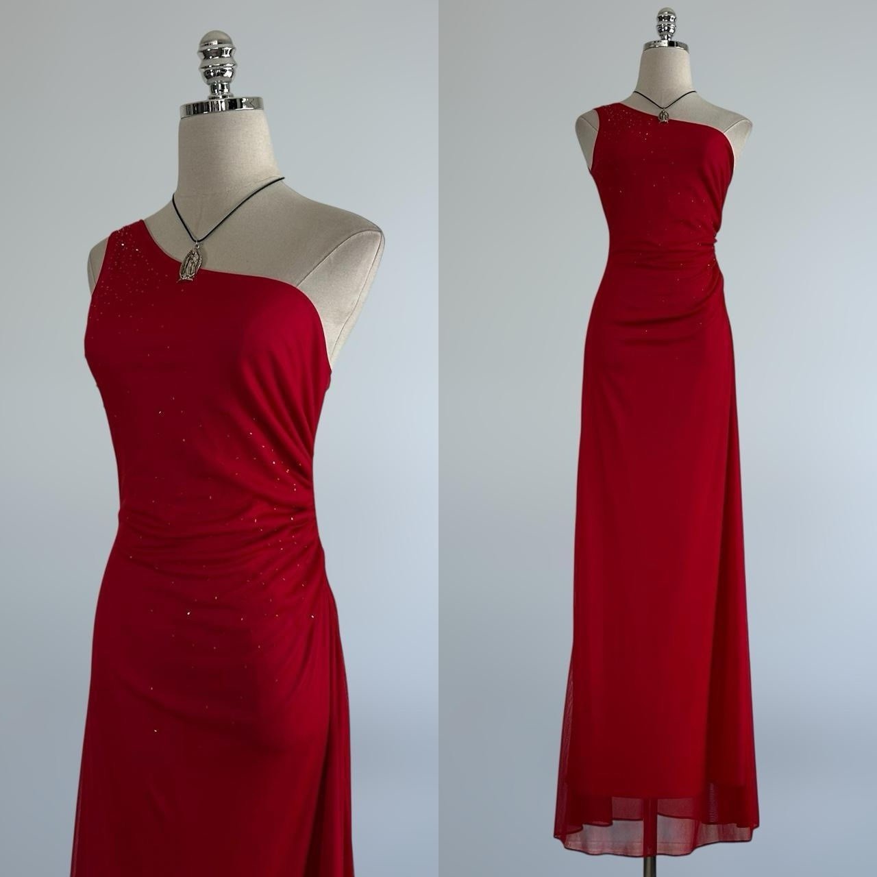 Vintage 90s Y2k Roberta One Shoulder Rhinestone Cherry Red PROM Gown Dress