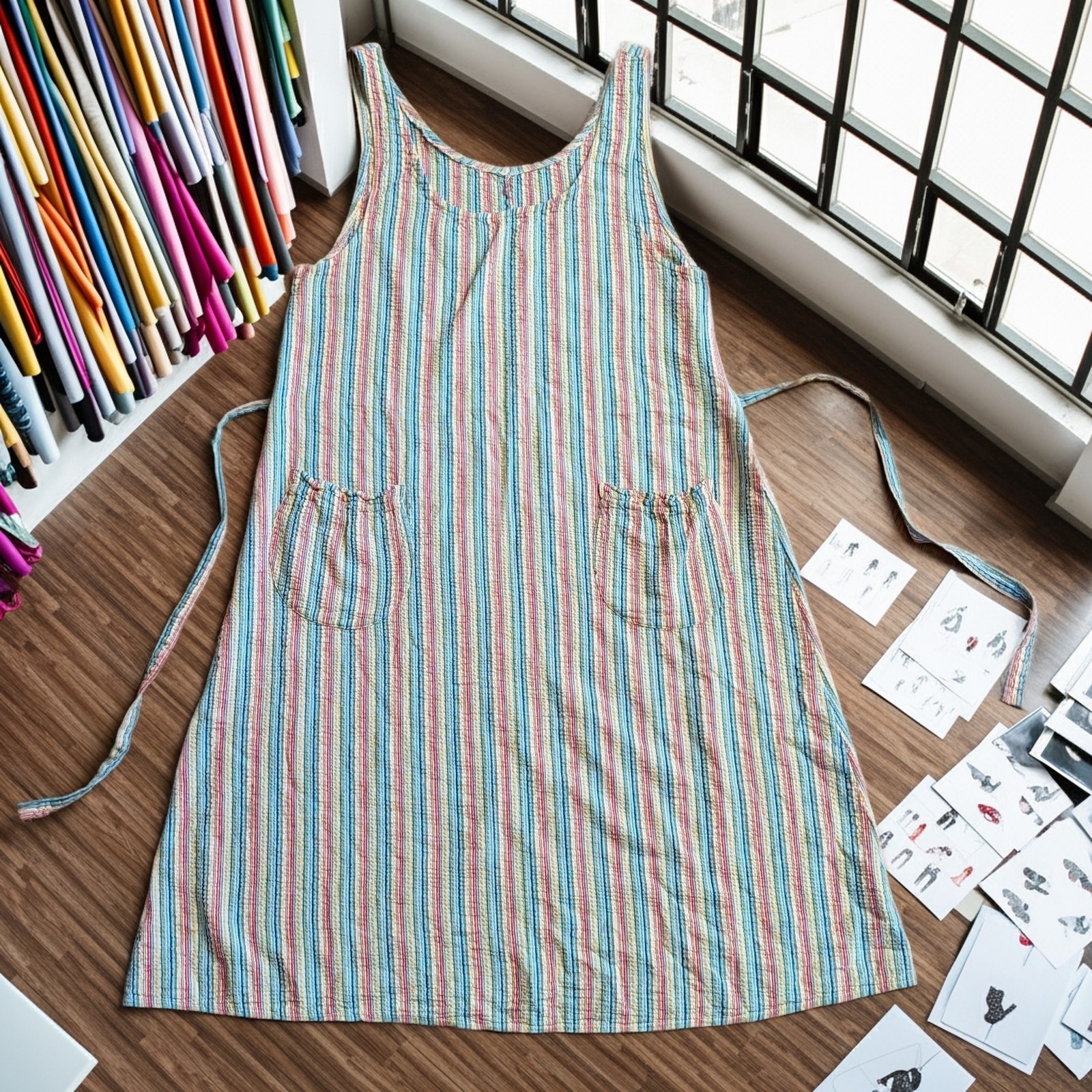 Vintage Colorful Striped A-Line Pinafore Sundress Pockets Cotton Blend Sz M