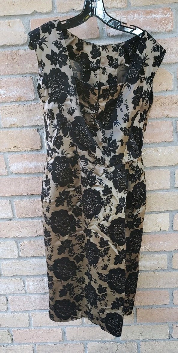 VTG 50s Brown Black Silk & Velvet Print Wiggle Dress Sz M? Pinup VLV DAMAGED