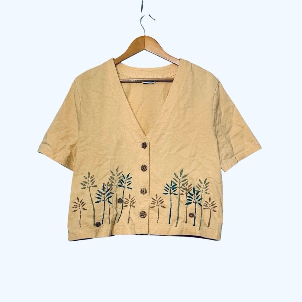 VTG Nina Piccalino Top Wood Buttons Spring Summer Crop Artsy Cottage 90s L *