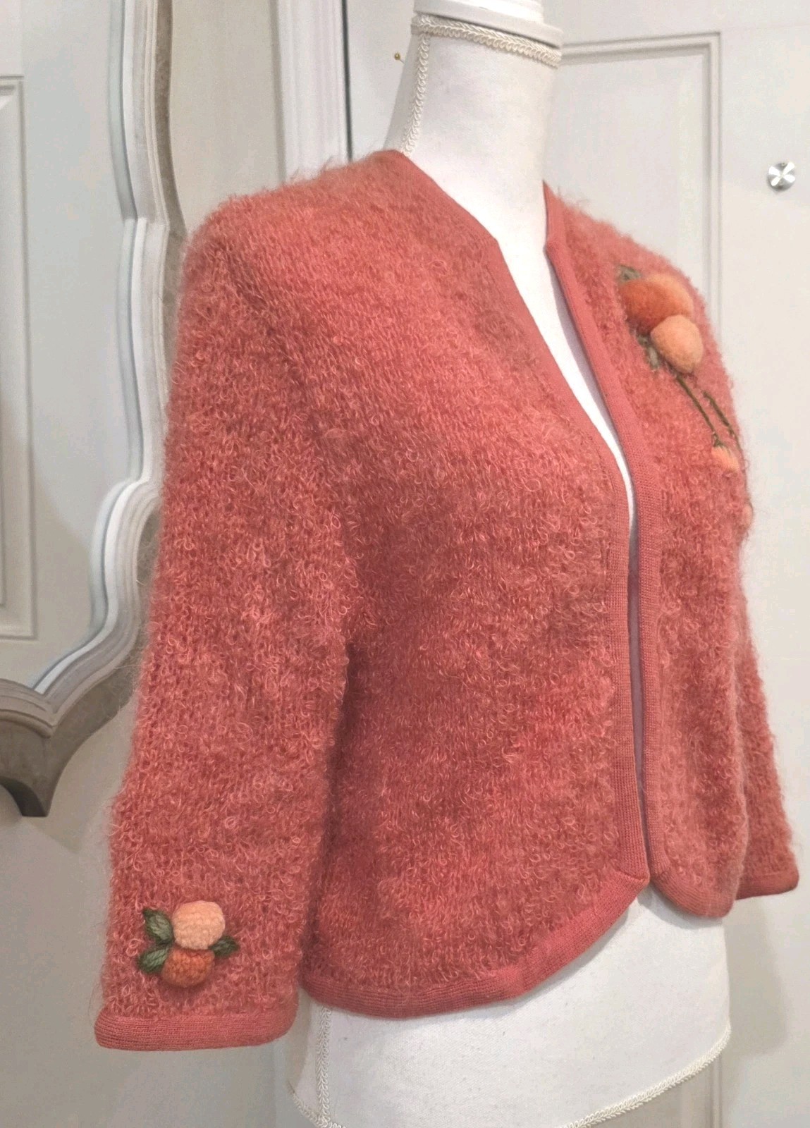 1950 Vintage Salmon Bubbly Boucle Cardigan Sweater Embroidered Pom Pom Flowers