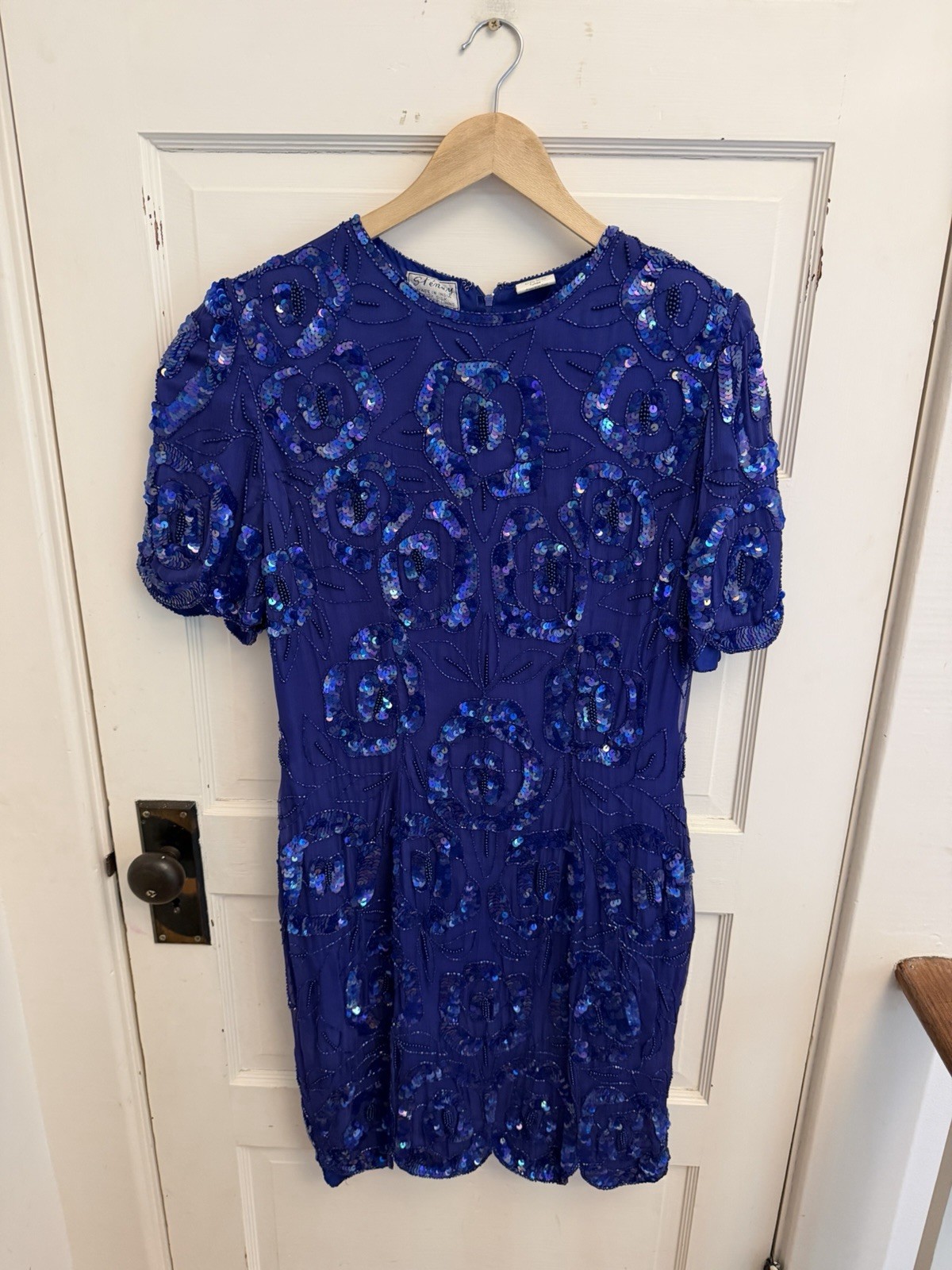 Stenay Vintage Women’s Purple Silk Sequin Beaded Sheath Dress 80s Size 12