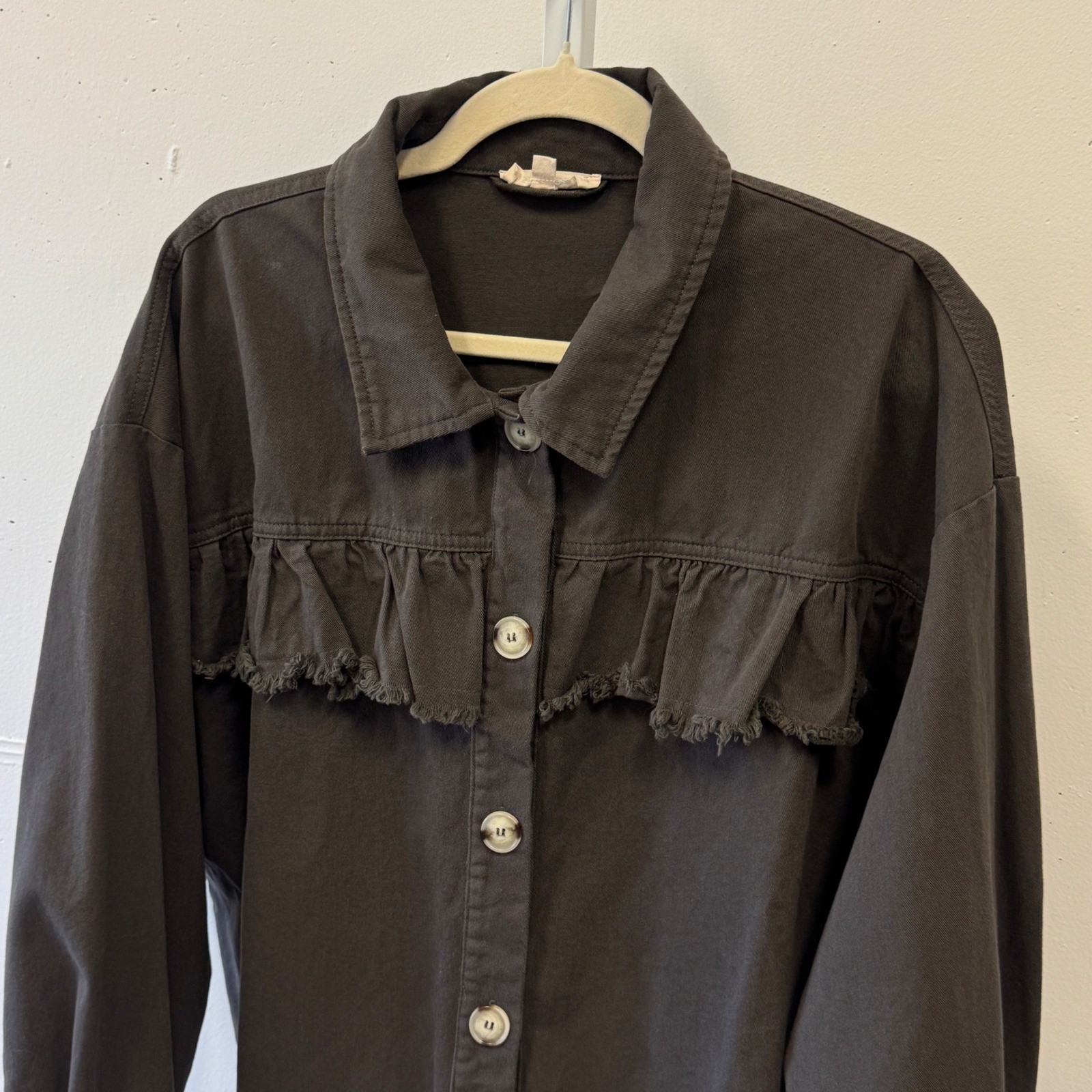 Ee:some Brown Ruffle Raw Hem Denim Jacket Women’s Large Grunge Distressed Twill