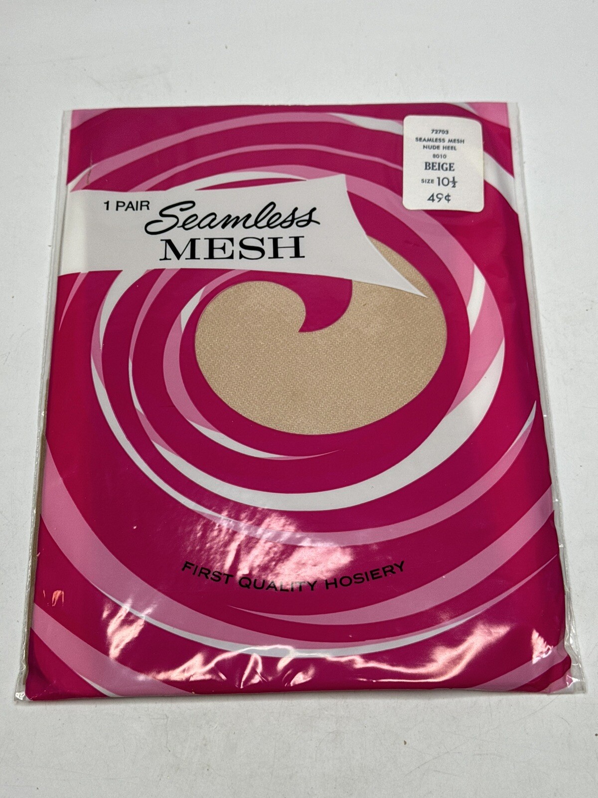 Vtg Seamless Mesh stockings 1 Pair Thigh High Stretch Nylon Size 10 1/2 Nude