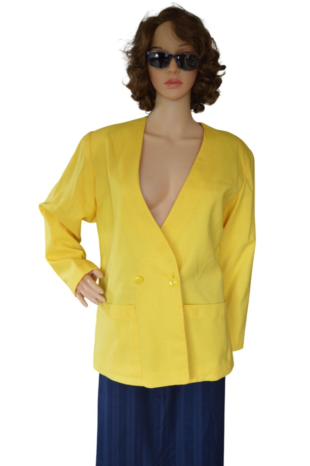 Vintage 80s Lemon Yellow Blazer V Neck Estimated Women’s Size Large No Brand