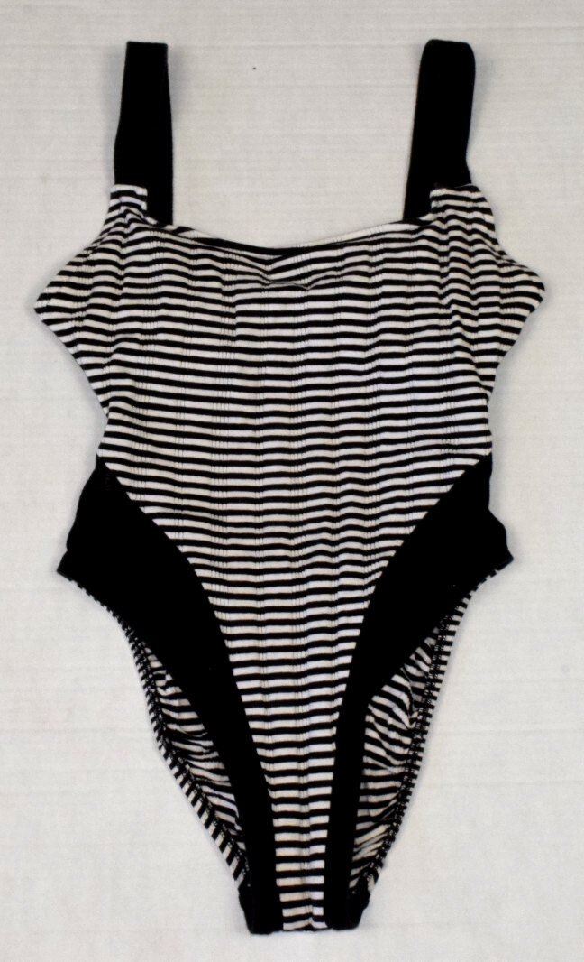 Vintage Swimsuit Electric Beach Jantzen Size S/M 80s Ribbed Striped High Cut