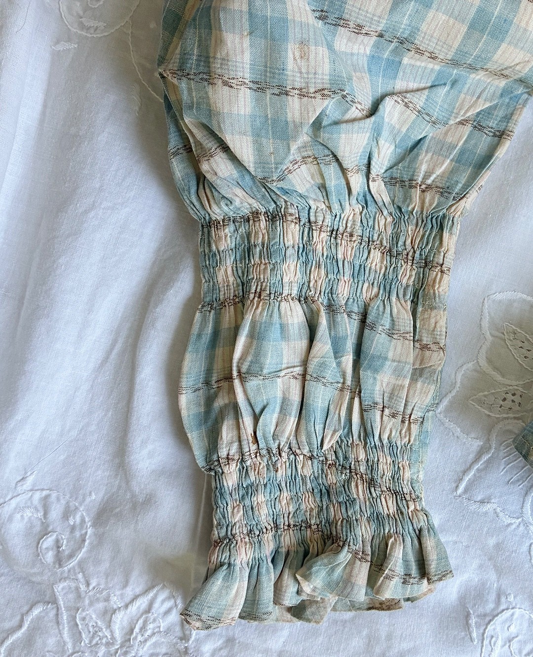 Antique 1800’s Ladies Gingham Bodice w Cummerbund & Stays ~ Mutton Sleeves XXS