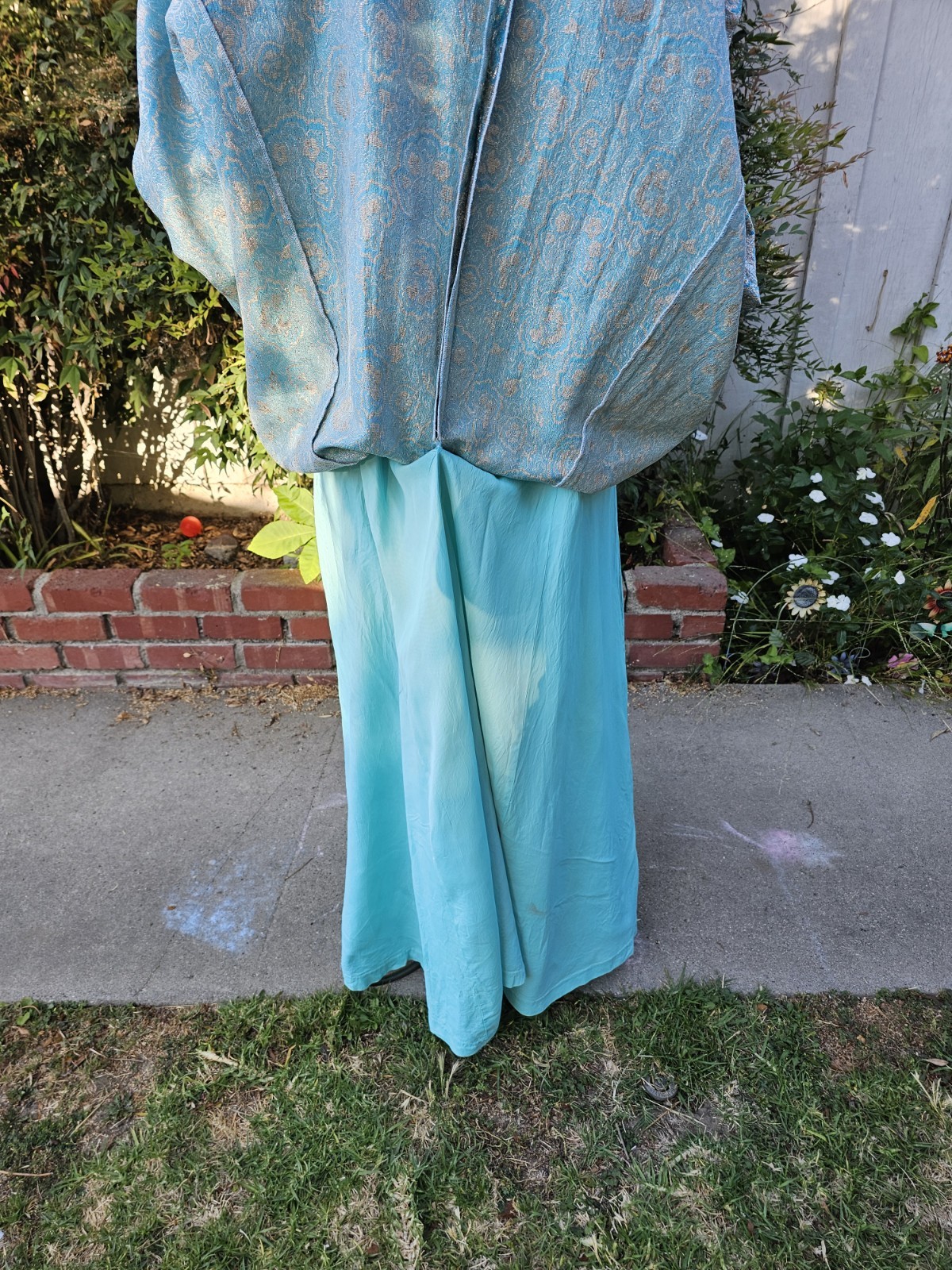 Vintage 1960s Blue Silver Paisley Brocade Empire Waist Formal Full Length Gown