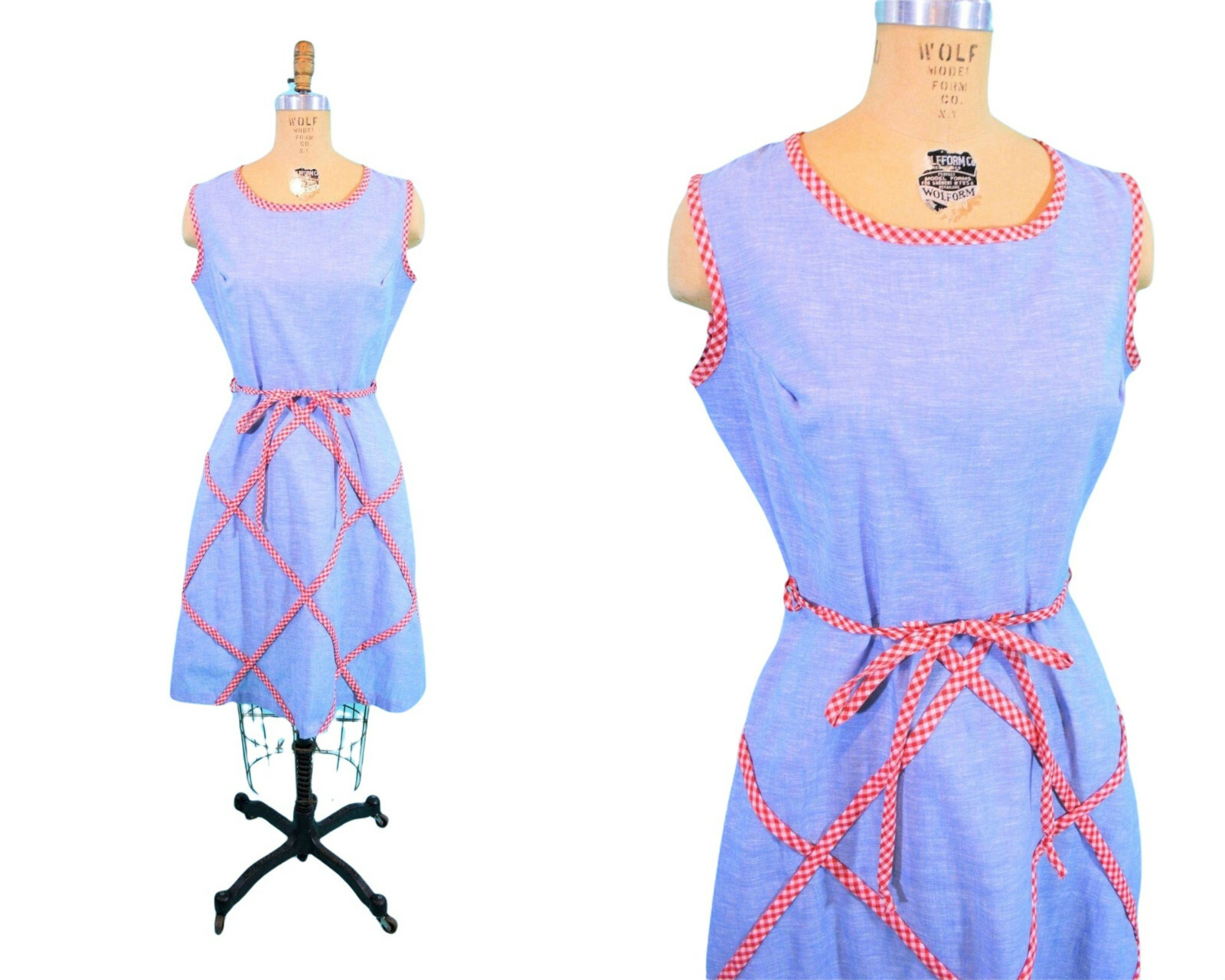 Vintage 1960s Picnic Dress Blue Chambray Red Checkered Sheath W 28″
