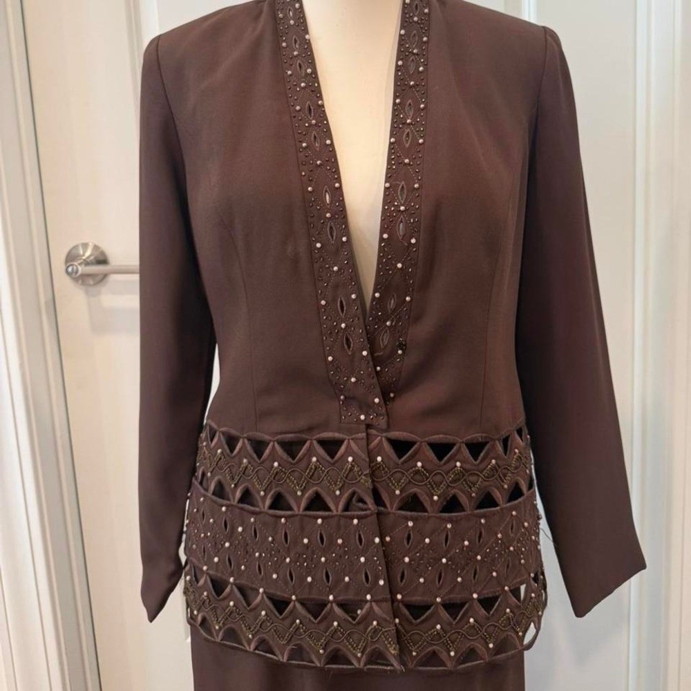Vintage Tally Taylor Brown Two Piece Skirt Set Beaded Cutout Peplum Jacket 8