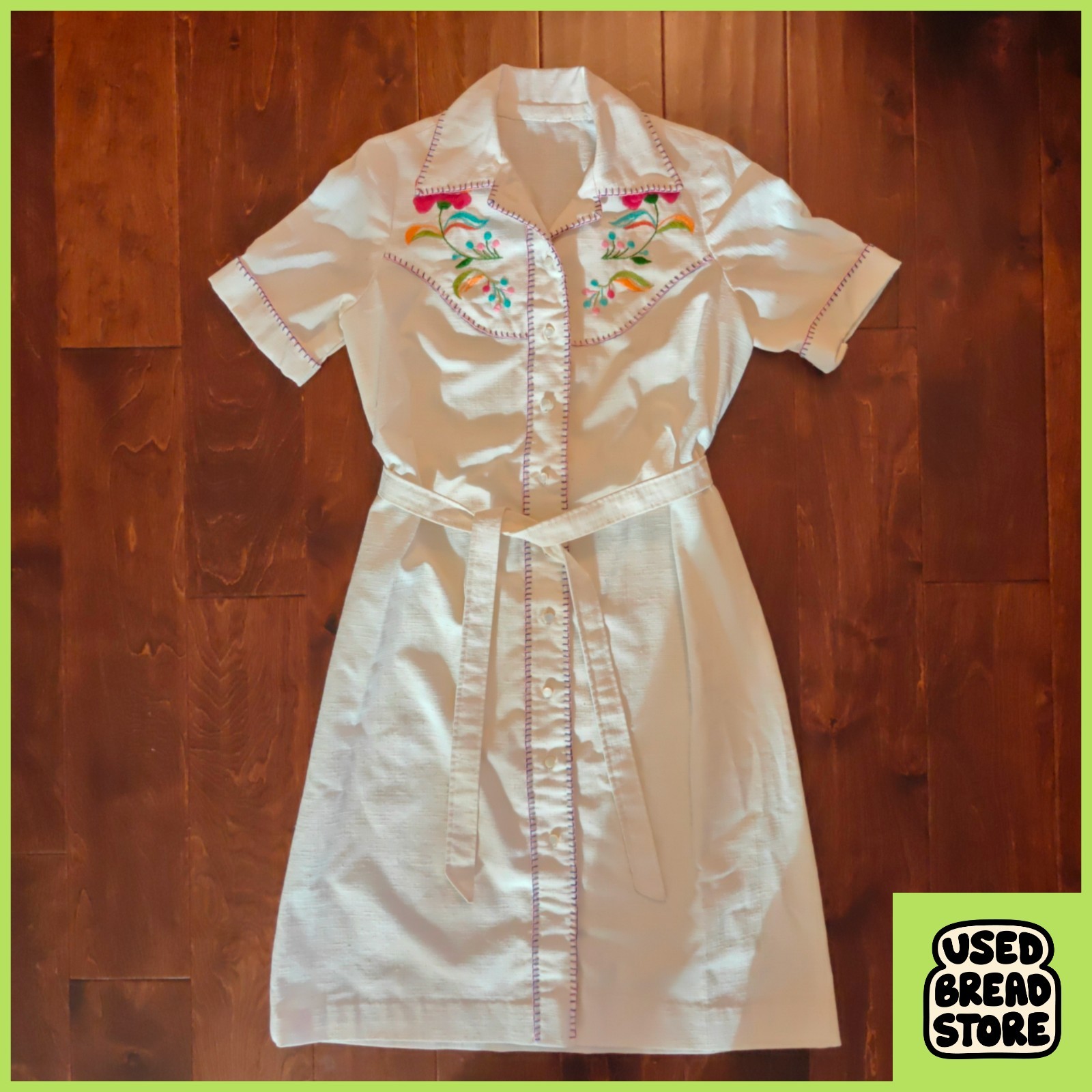 Vintage 1940s/50s L/XL Shirtwaist Floral Embroidered Dress Flecked Linen Western