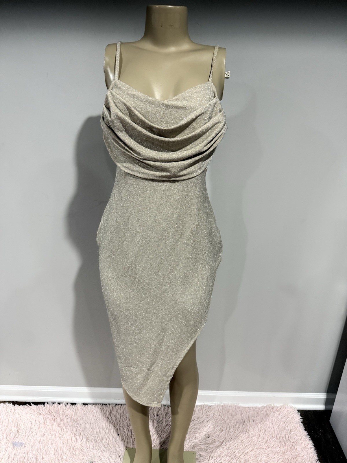 Dress size large women NYC Y2k Gold Sparkle Bodycon side slit stretch Formal
