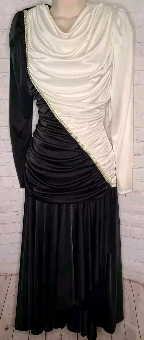 Vintage Abby Kent Black White Ruched Draped Cocktail Dress Rhinestone Size 5/6