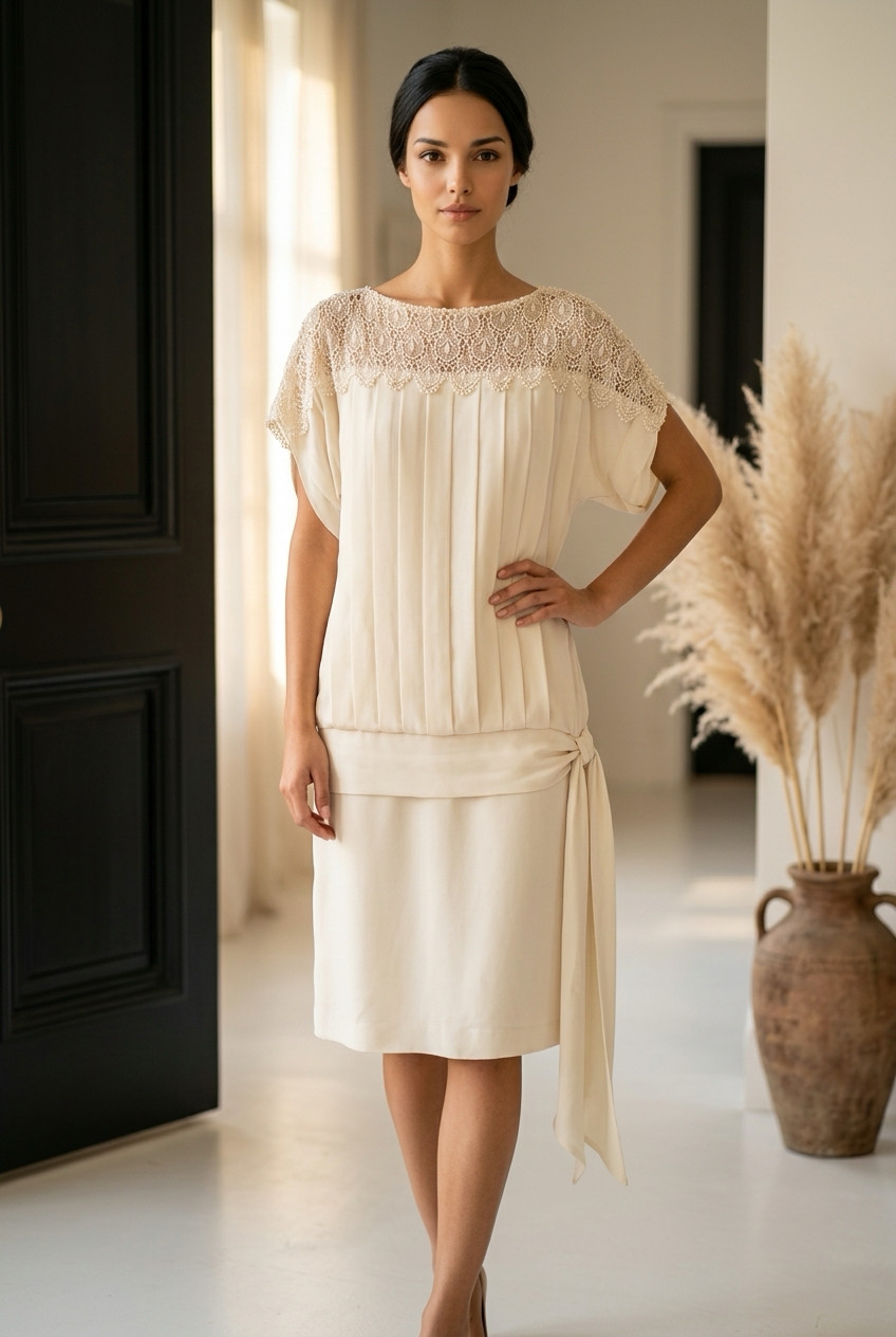 JT DRESS Vintage 1920s Flapper Style Pleated Drop Waist Dress with Lace Yoke