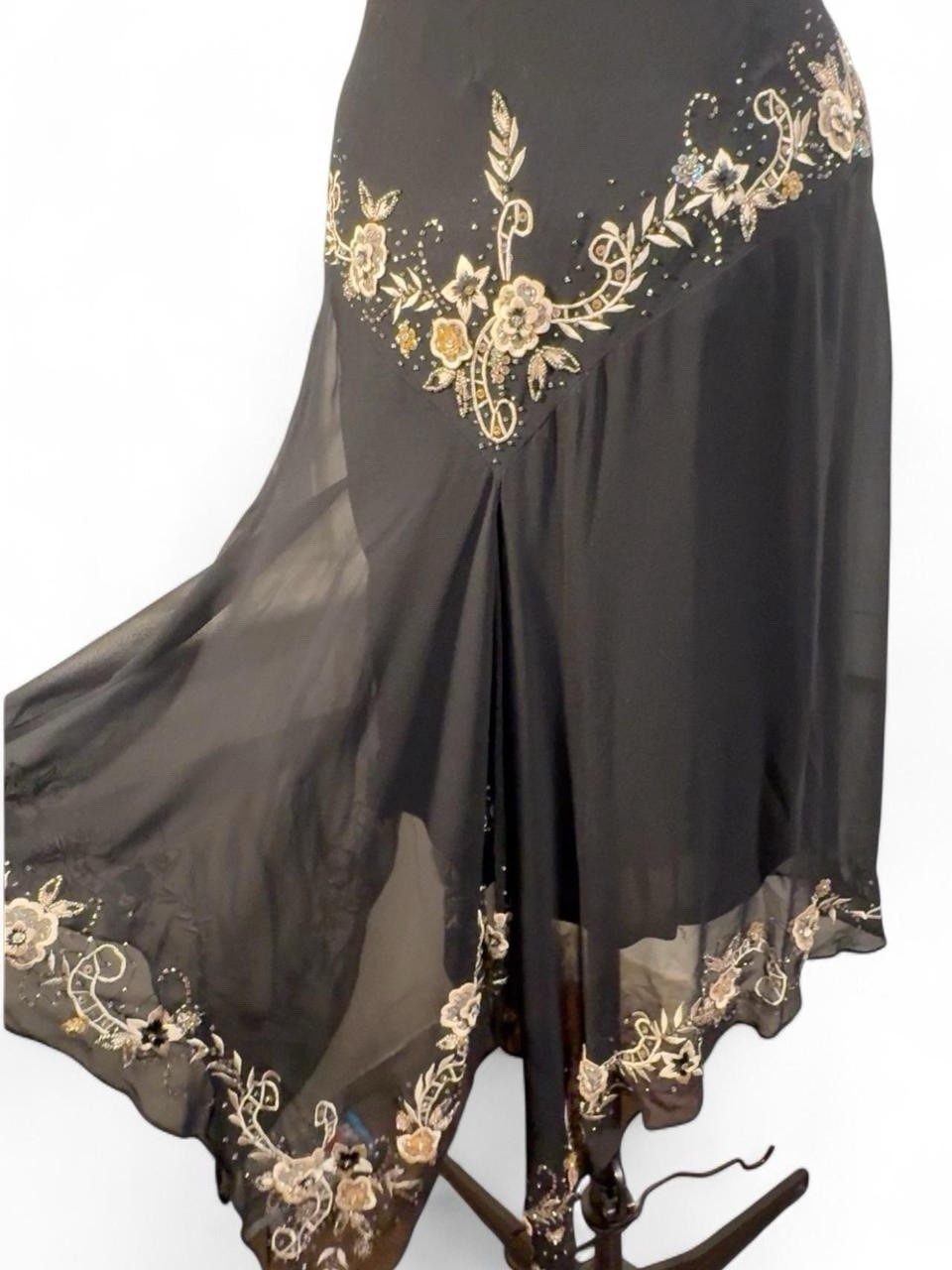 Vintage 90s Y2K Black Beaded Silk Cache Asymmetrical Slip Dress Whimsigoth Fairy