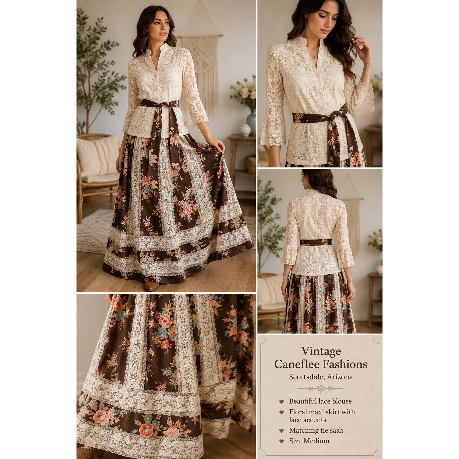Vintage Carefree Fashions Scottsdale Lace Blouse Floral Maxi Skirt Sash Set M