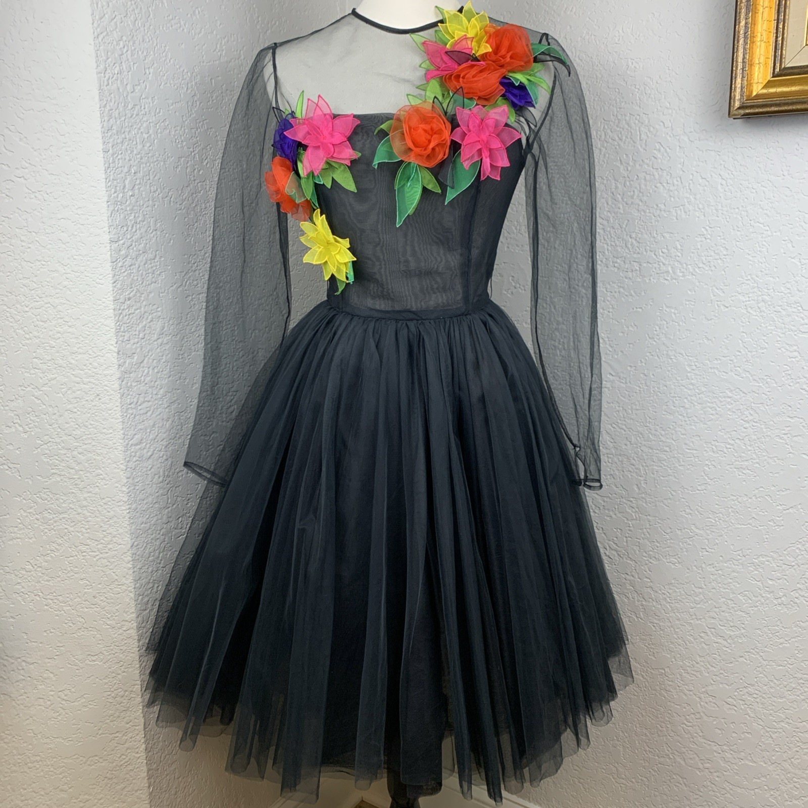 Vtg 50s Style Black Tulle Sheer 3D Floral Applique Dress Sz 8 Victor Costa