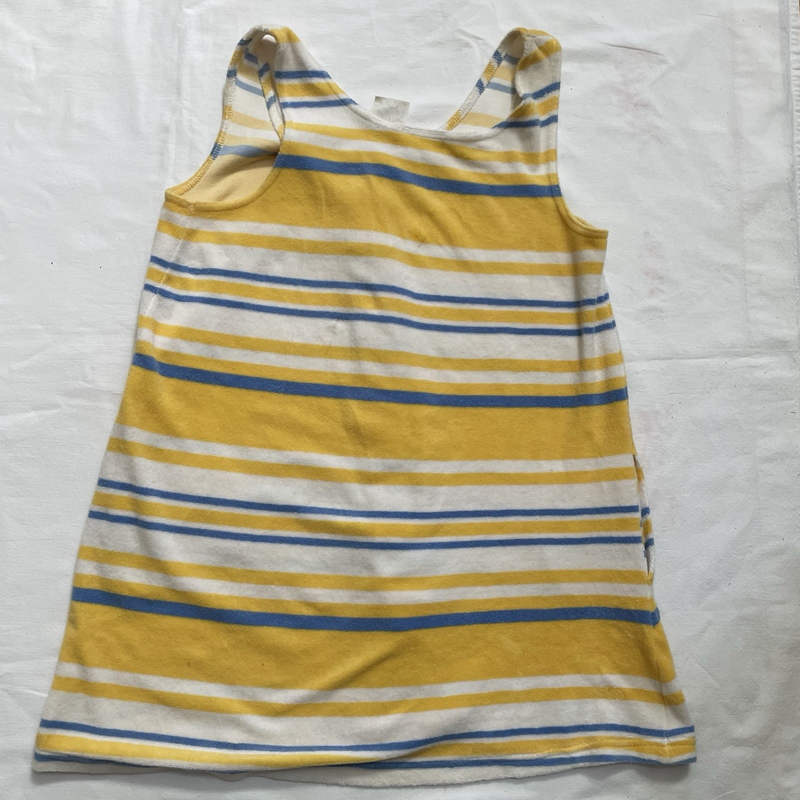 Vtg SPA 70s 80s Terry Cloth Cover Up Dress Medium Yellow Blue Striped Beach Pool