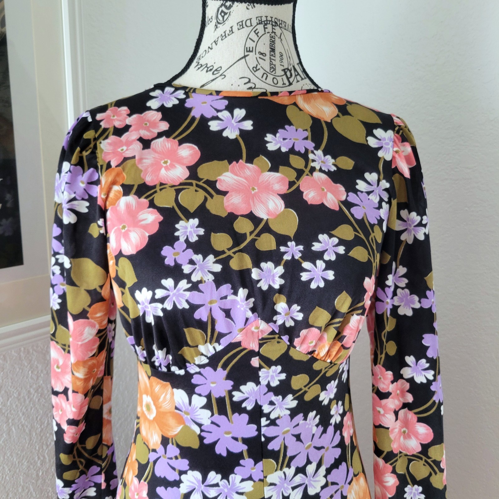 Vintage 70s 100% Antron Nylon Black Floral Maxi Dress Plunge Back Slinky Small