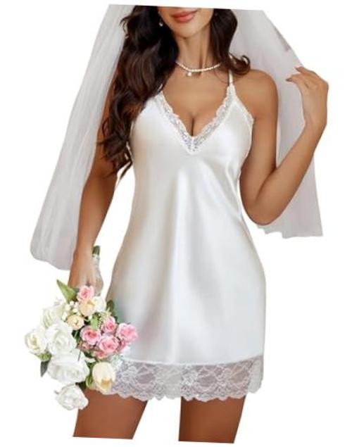 Women Lingerie Satin Lace Chemise Nightgown Sexy Full Slips X-Large 1white