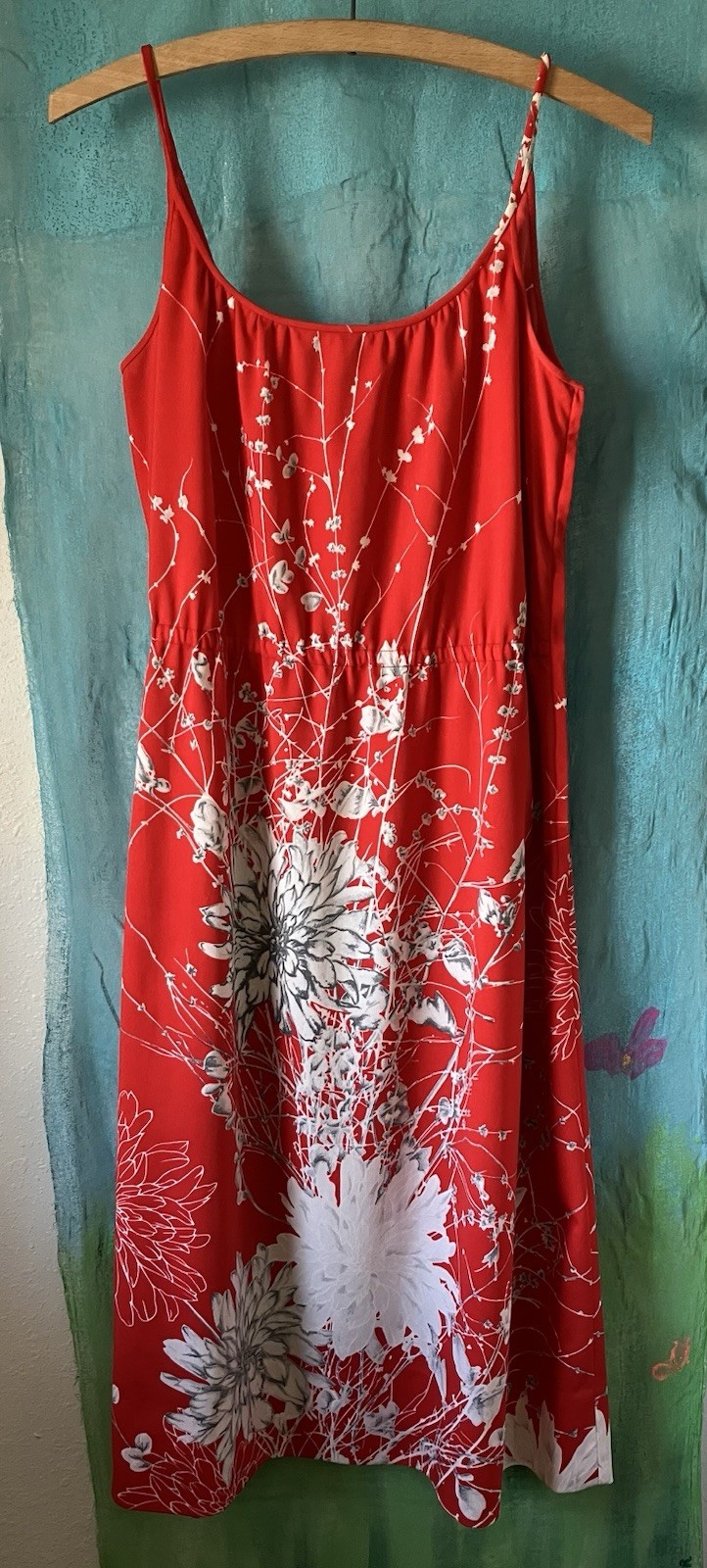 Vintage Handmade Red Midi Tank DRESS, Large Grey & White Floral Print, Size M