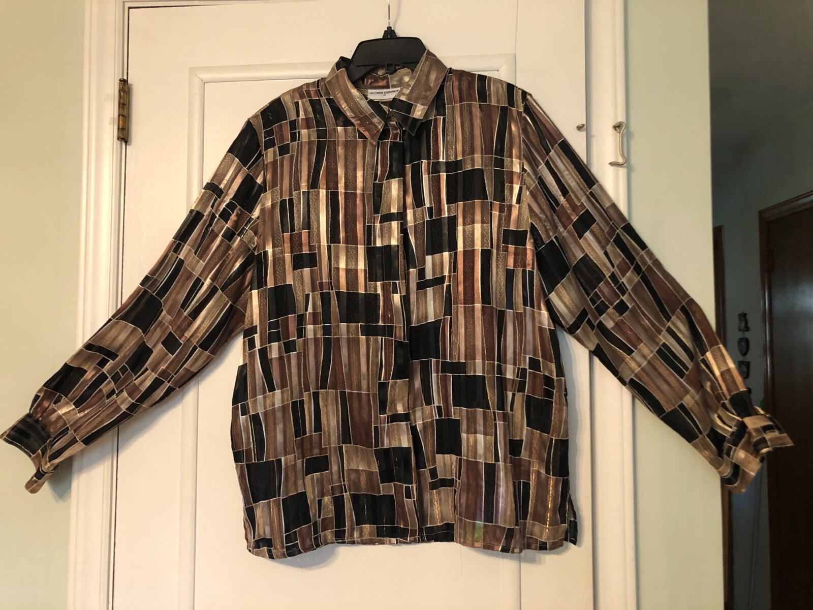 Vintage Alfred Dunner Blouse sz 14, Sheer, Brown Gold Black Geometric pattern