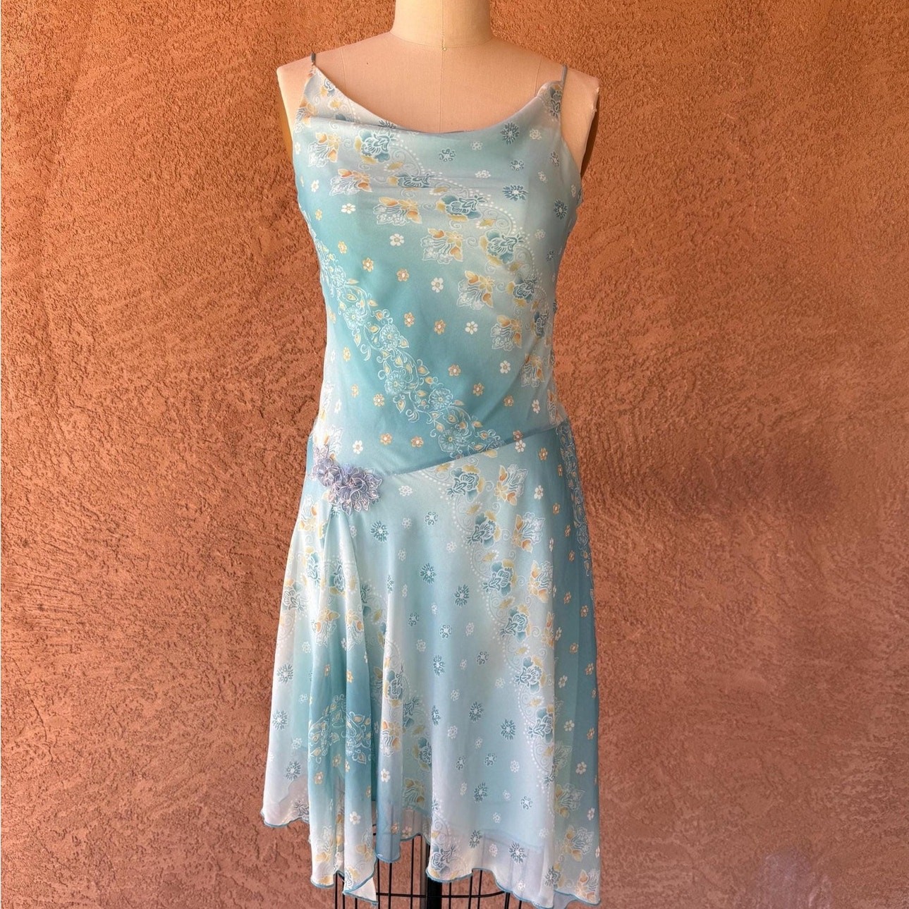 Vintage Y2K Napoli Seafoam Floral Cowl Neck Dress Rhinestone Flower