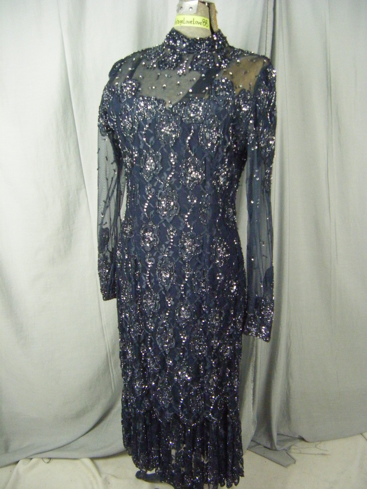 JUDITH ANN CREATIONS Vtg 80s Navy Illusions Heavy Beaded Dress-Bust 39/S