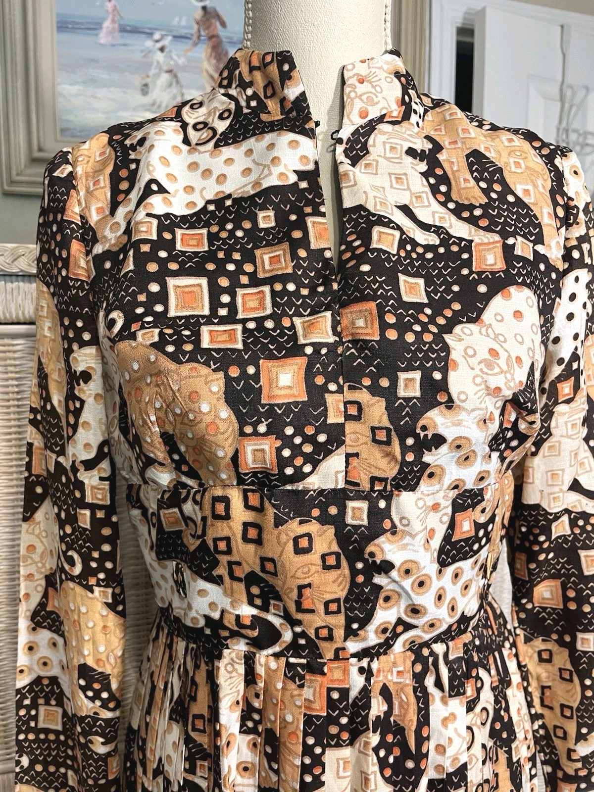 Vtg 1970’s Jaguars Psychedelic Print Dress S Mandarin Collar Pleated Skirt Union