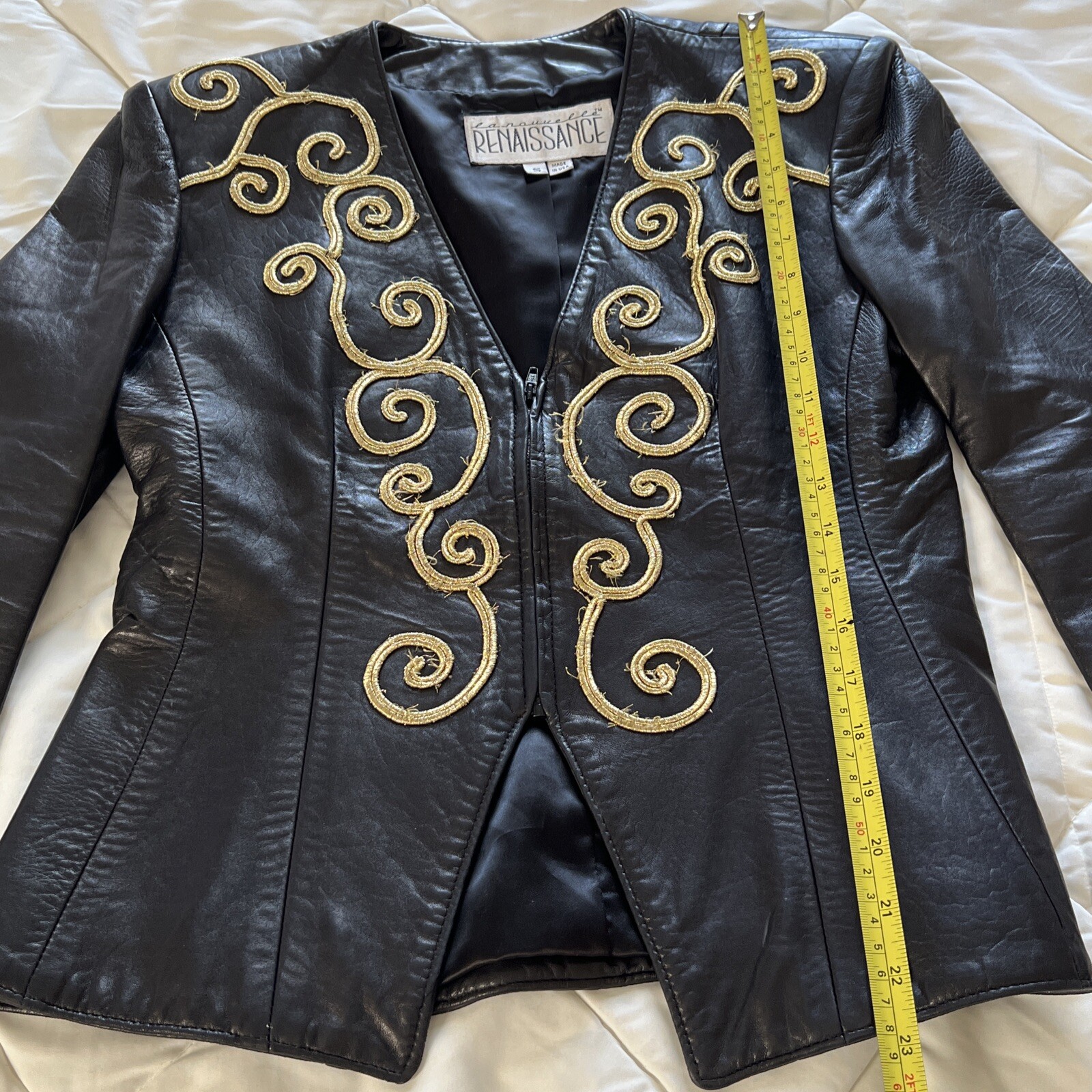 Vintage Black Lamb skin Genuine Leather Iconic Blazer Gold Accent Design Small