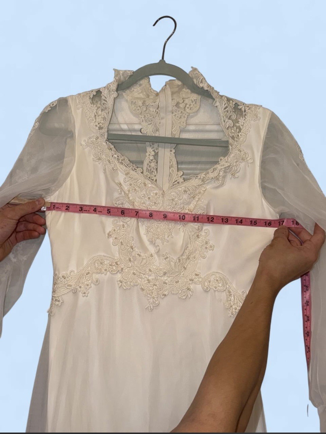 Vintage 1970s ILGWU Union Made Off-White Wedding Dress Pearl Applique Train