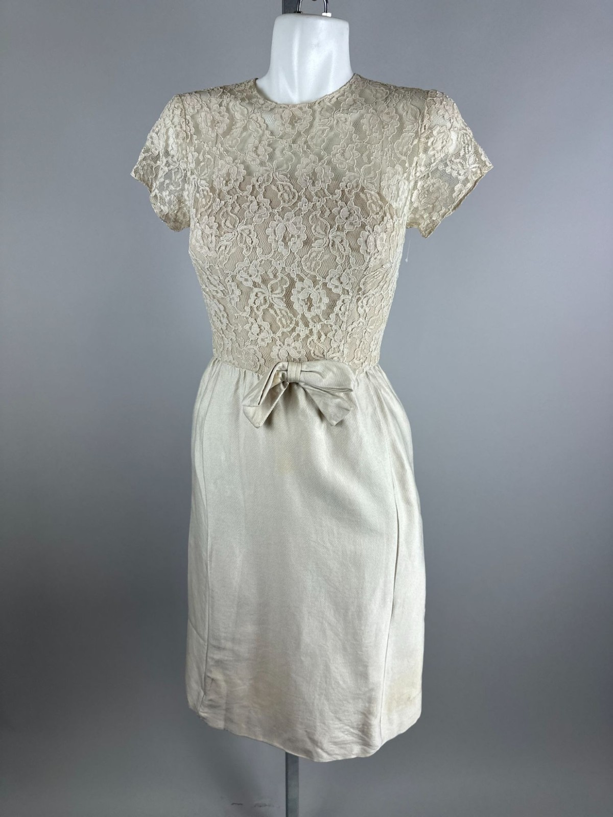 Vintage 60s Cream Lace Sheath Dress Jacket Set Bridal Mod Cocktail Mad Men Small