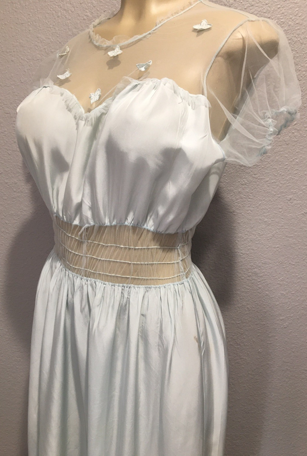 Vtg Fair Blue Sheer Chiffon Long Rayon Nightgown 36