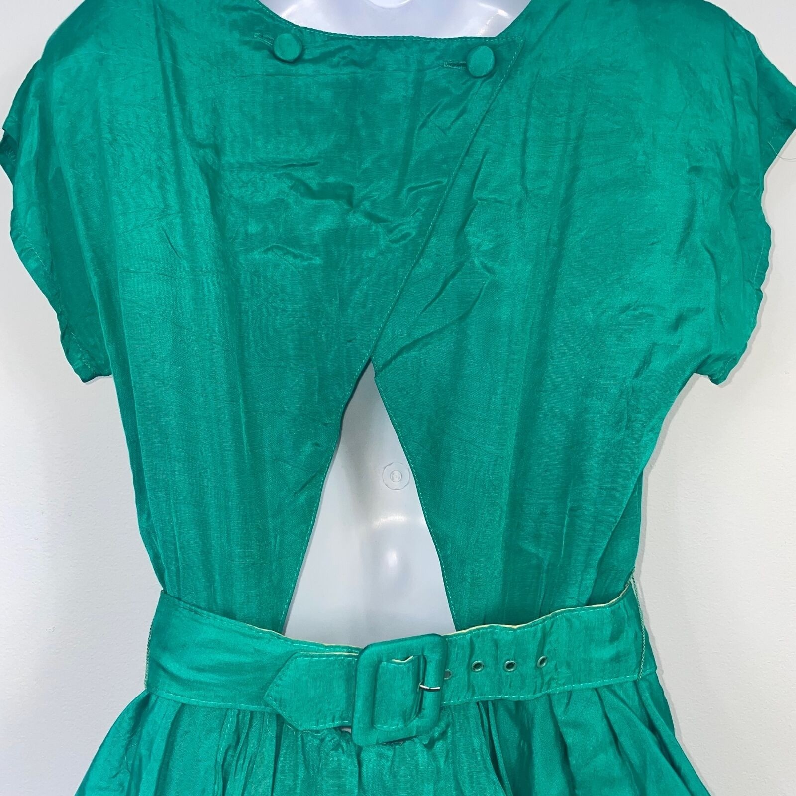 Vintage 80s Brioche Sheath Dress Womens M Green Short Sleeve Peplum