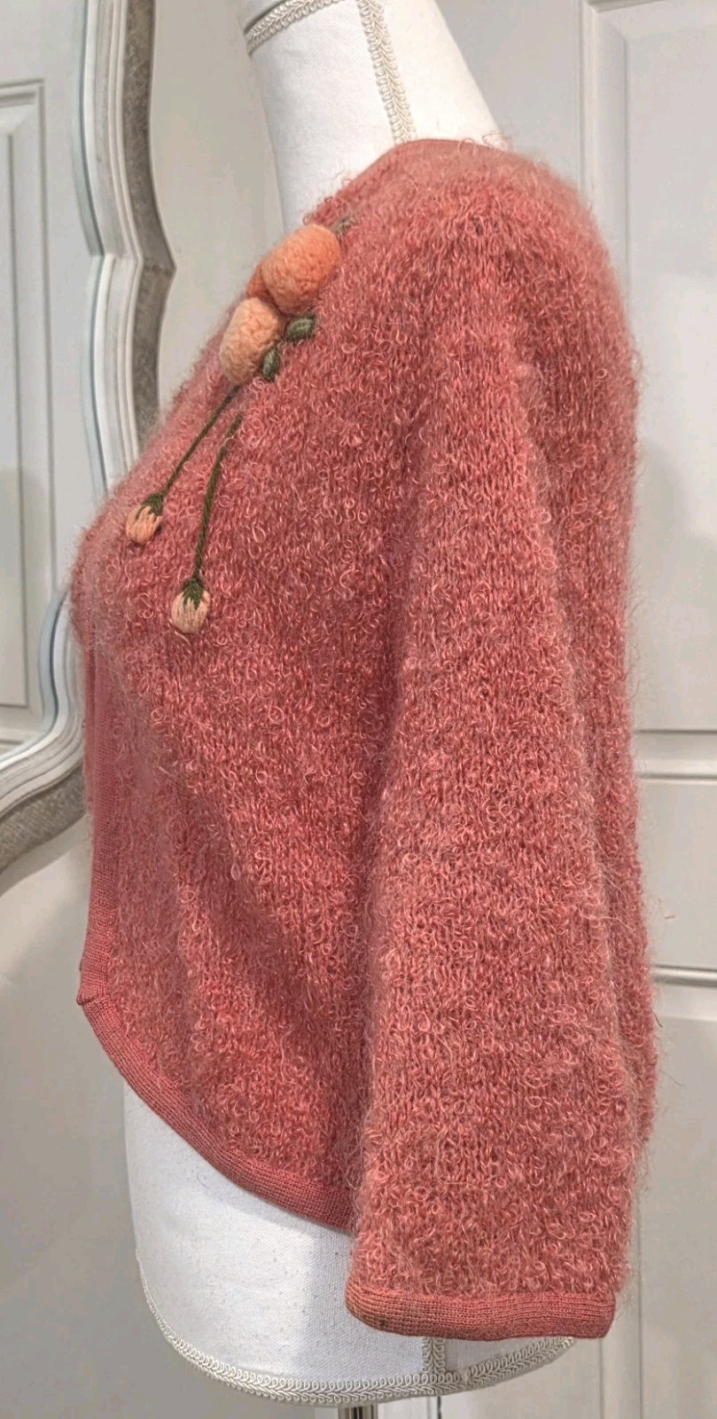 1950 Vintage Salmon Bubbly Boucle Cardigan Sweater Embroidered Pom Pom Flowers