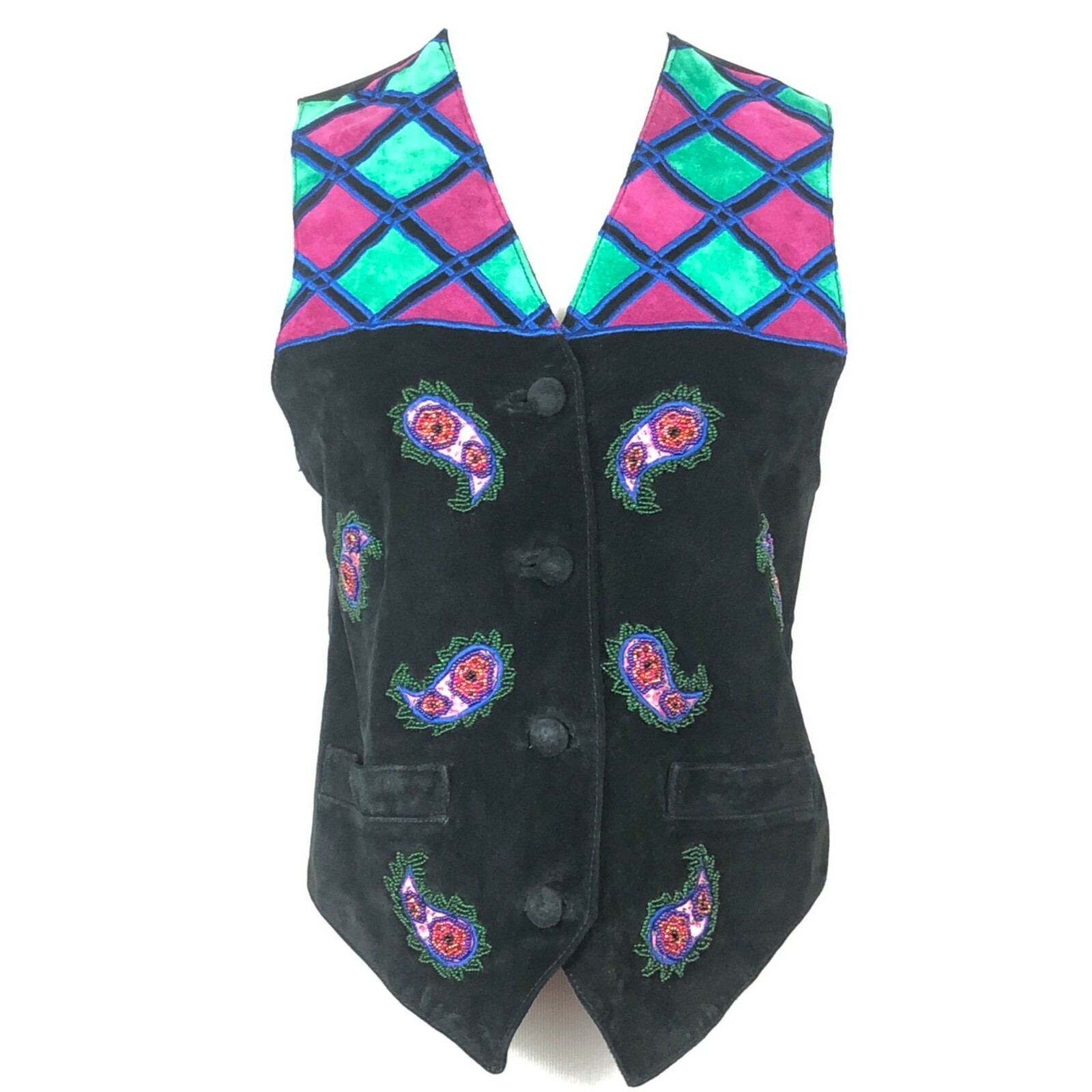 Vintage 80’s Leather Gantos S. Fancy Vest, Harliquin, Beaded, Velvet, Teal, Purp