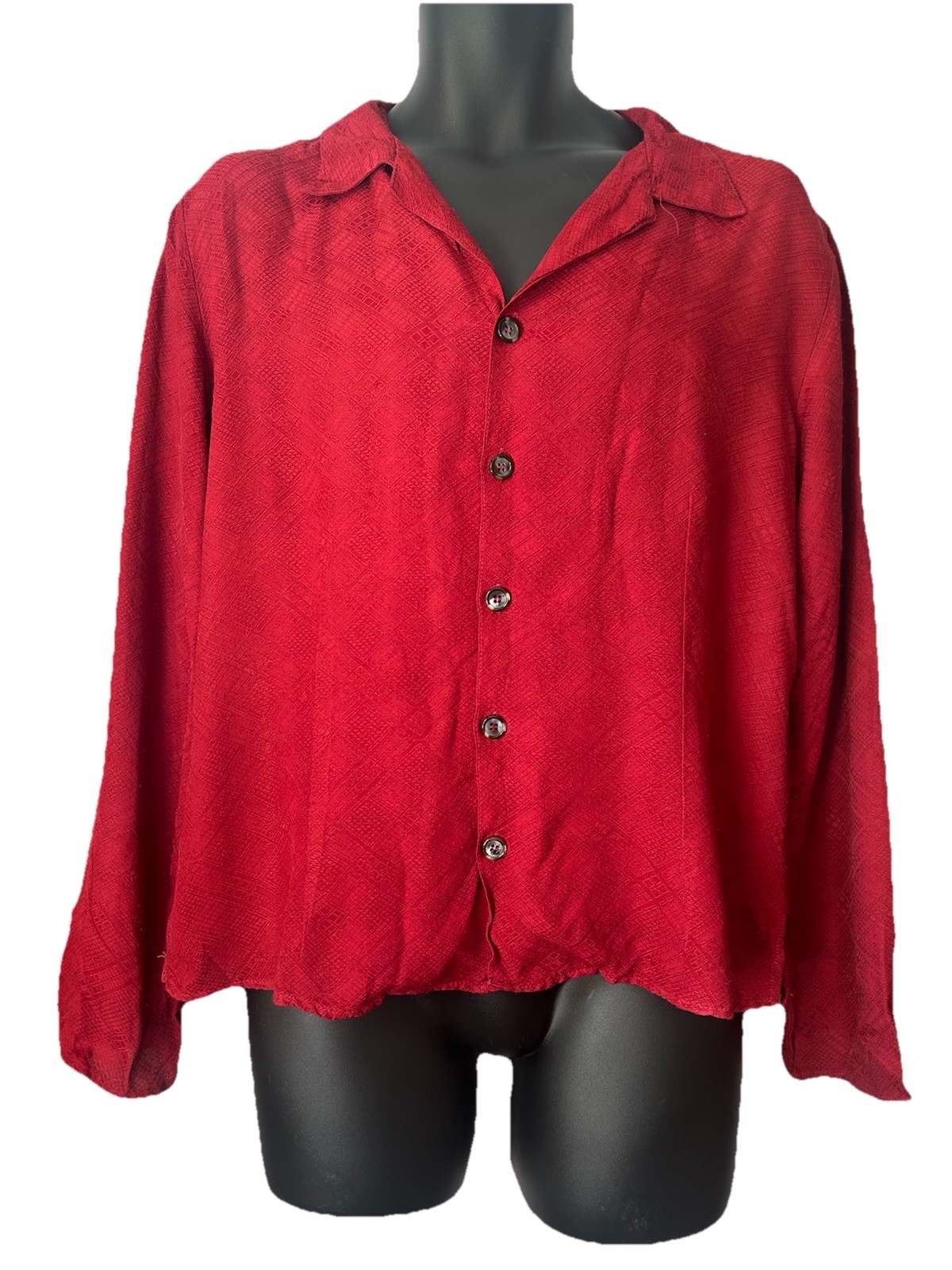 VTG 90’s CP Shades Textured Red Cropped Button Front Blouse M Diamond Brocade