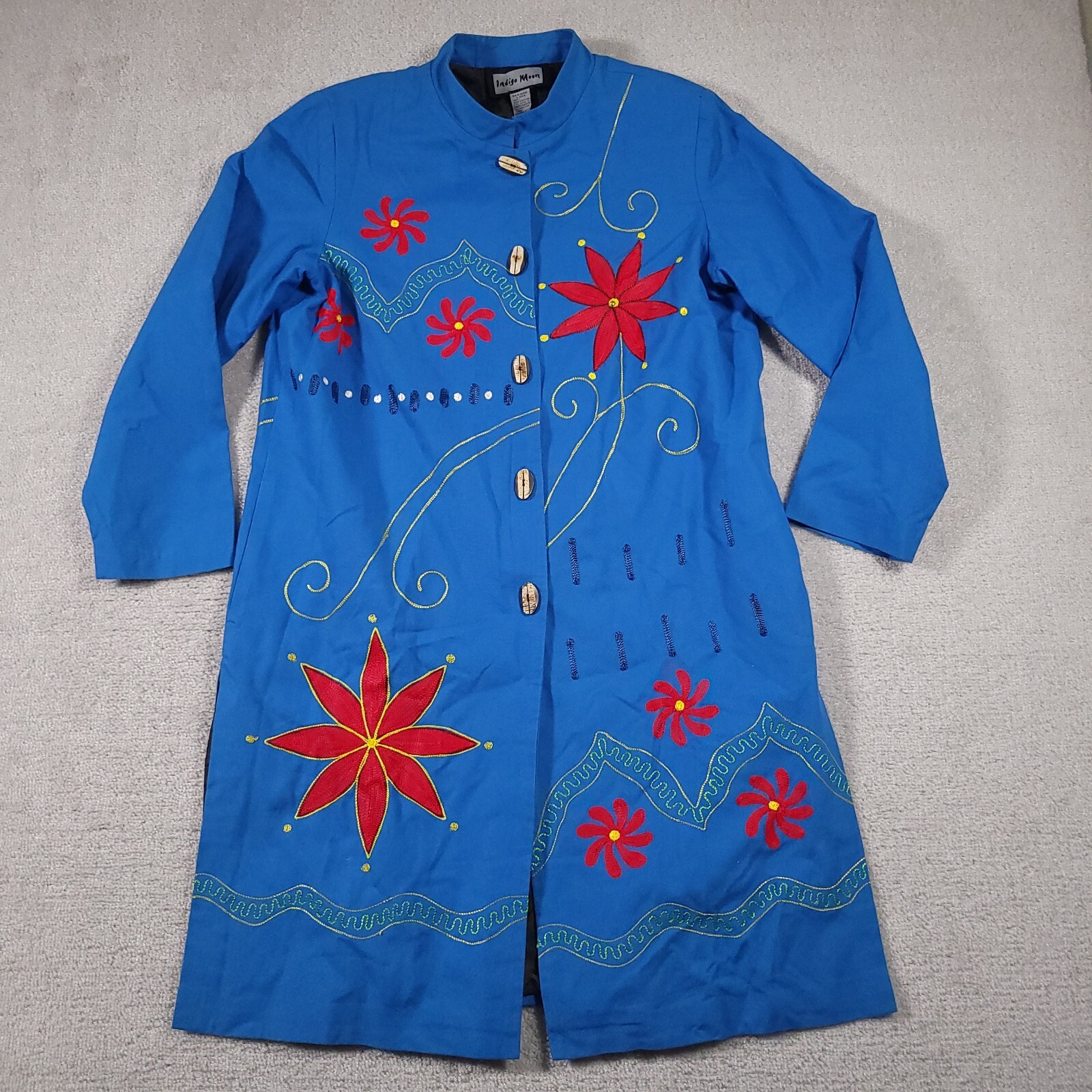 Indigo Moon Embroidered Lined 100% Cotton Jacket Womens Large Blue Floral