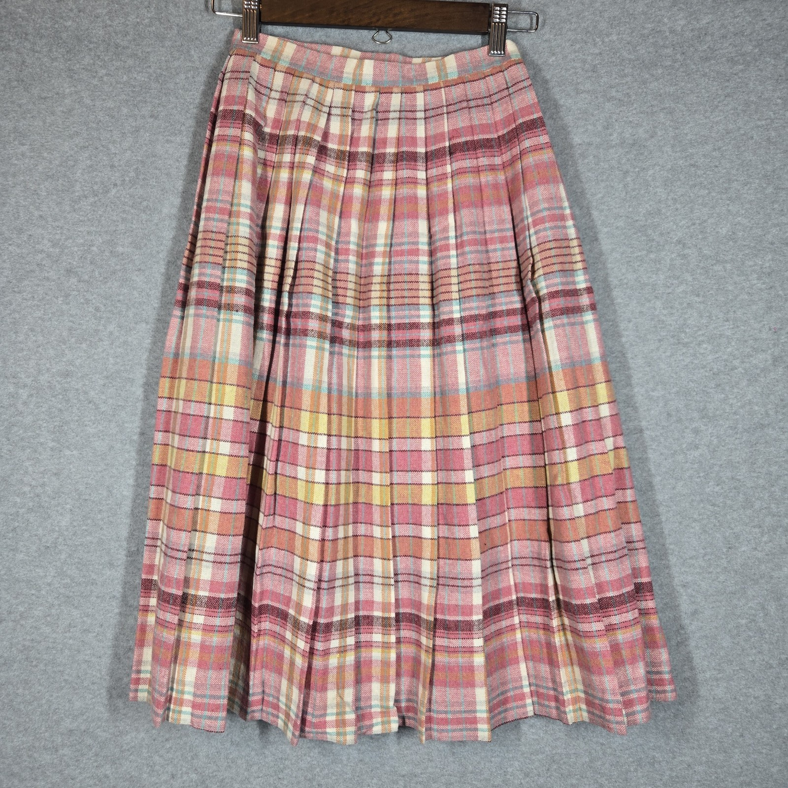 Vintage Present Co Wool Pleated Wrap Midi Skirt Size S Pink Cream Plaid Fringe