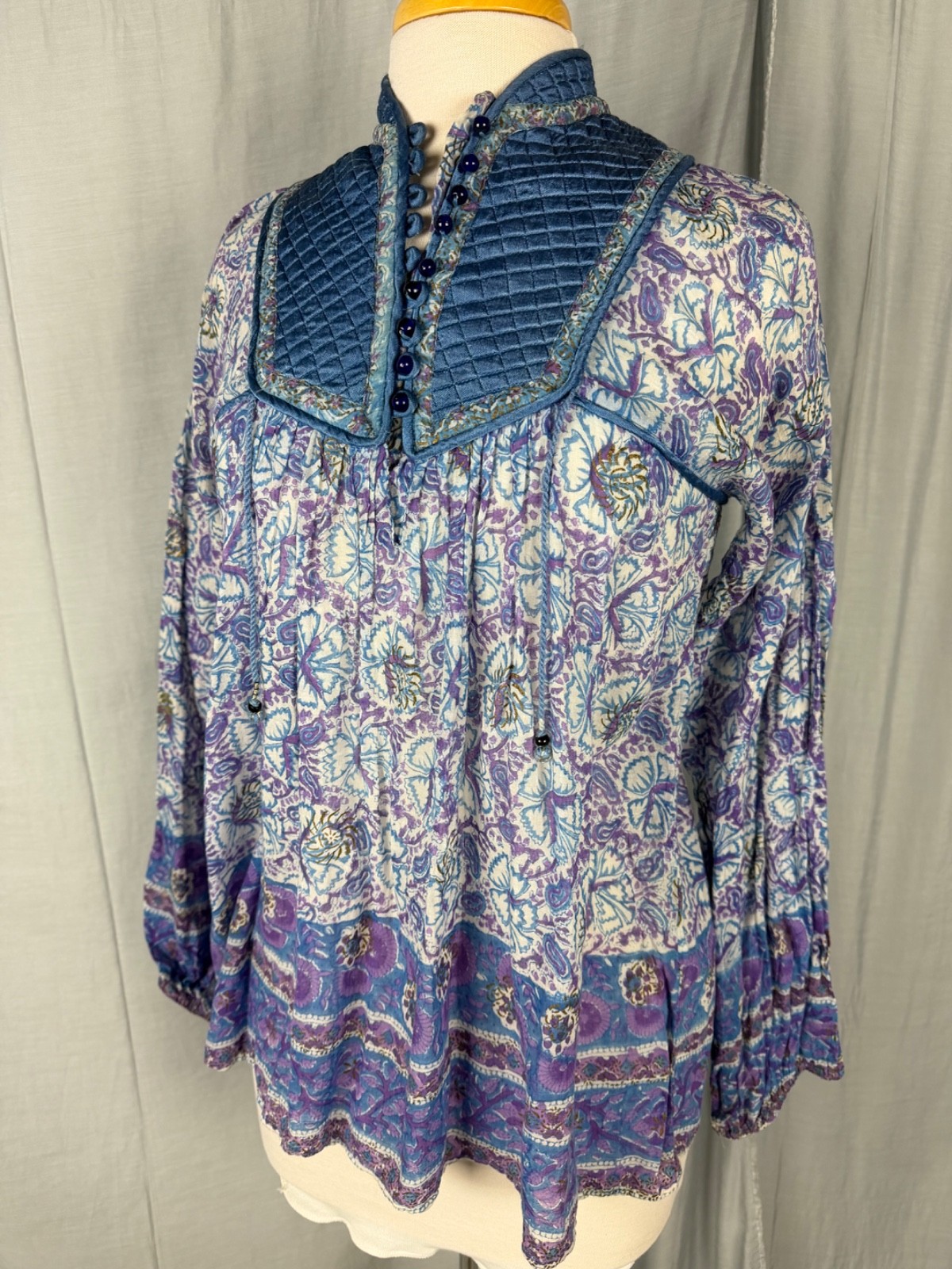RARE STAR OF INDIA Vtg 70s Purple Blue Cotton Gauge Peasant Top-Bust 37/XS-S