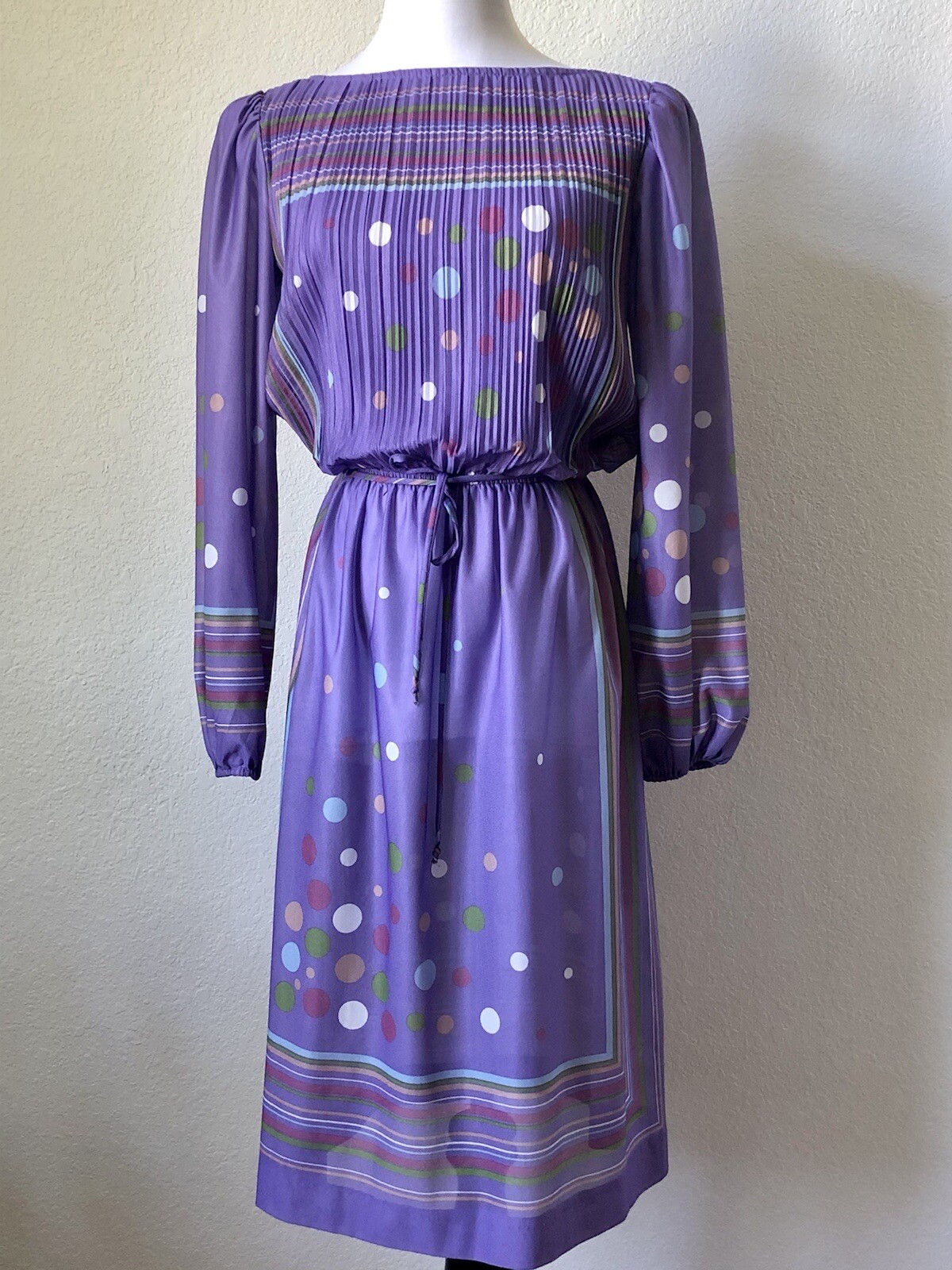 Vintage Sue Brett Purple Multi Blouson Dress Semi Sheer Stripes Dots Pleats 5/6
