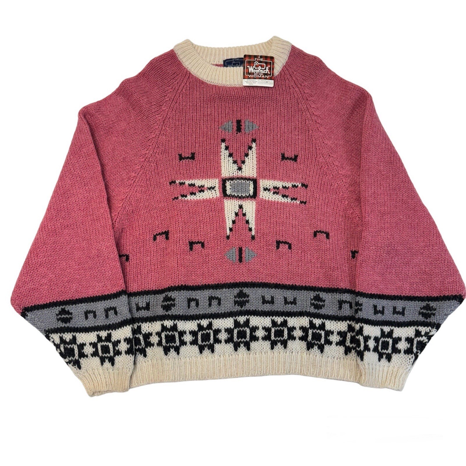 Vintage 80s Woolrich Wool Nordic Pink Shetland Patchwork Rose Sweater Large NEW