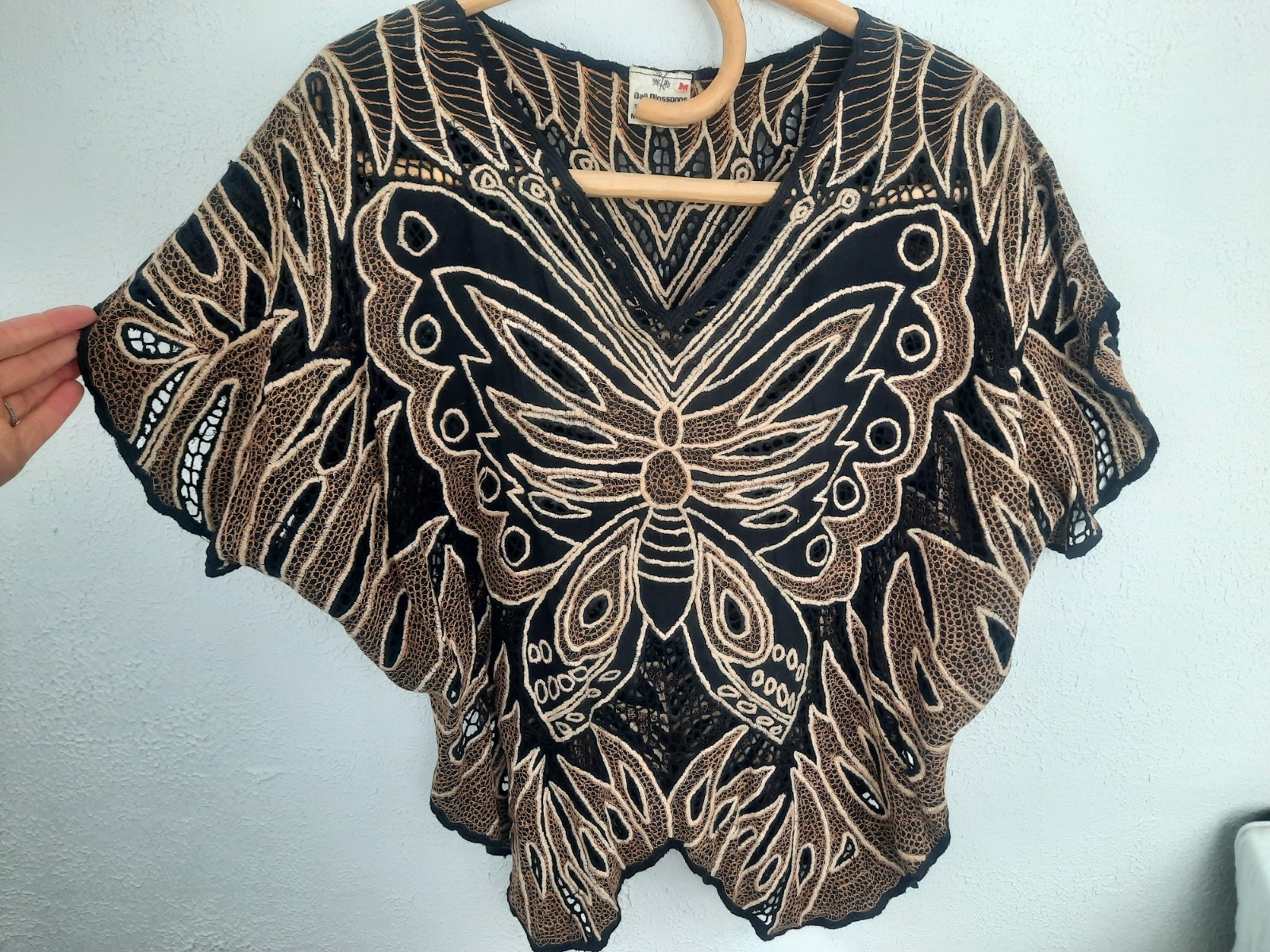 Vintage Rayon Butterfly Top, Bali Blossoms, Womens Medium, Sheer Boho Mesh Top