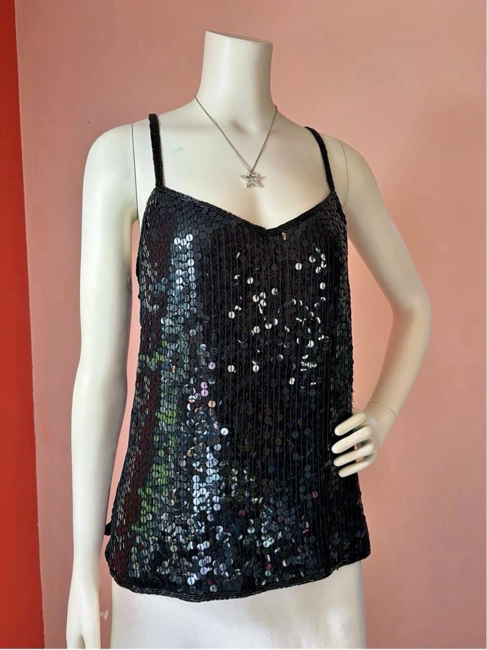 VTG 80s 90s Joan Leslie Black Silk Sequin Beaded Camisole formal Top Cocktail L