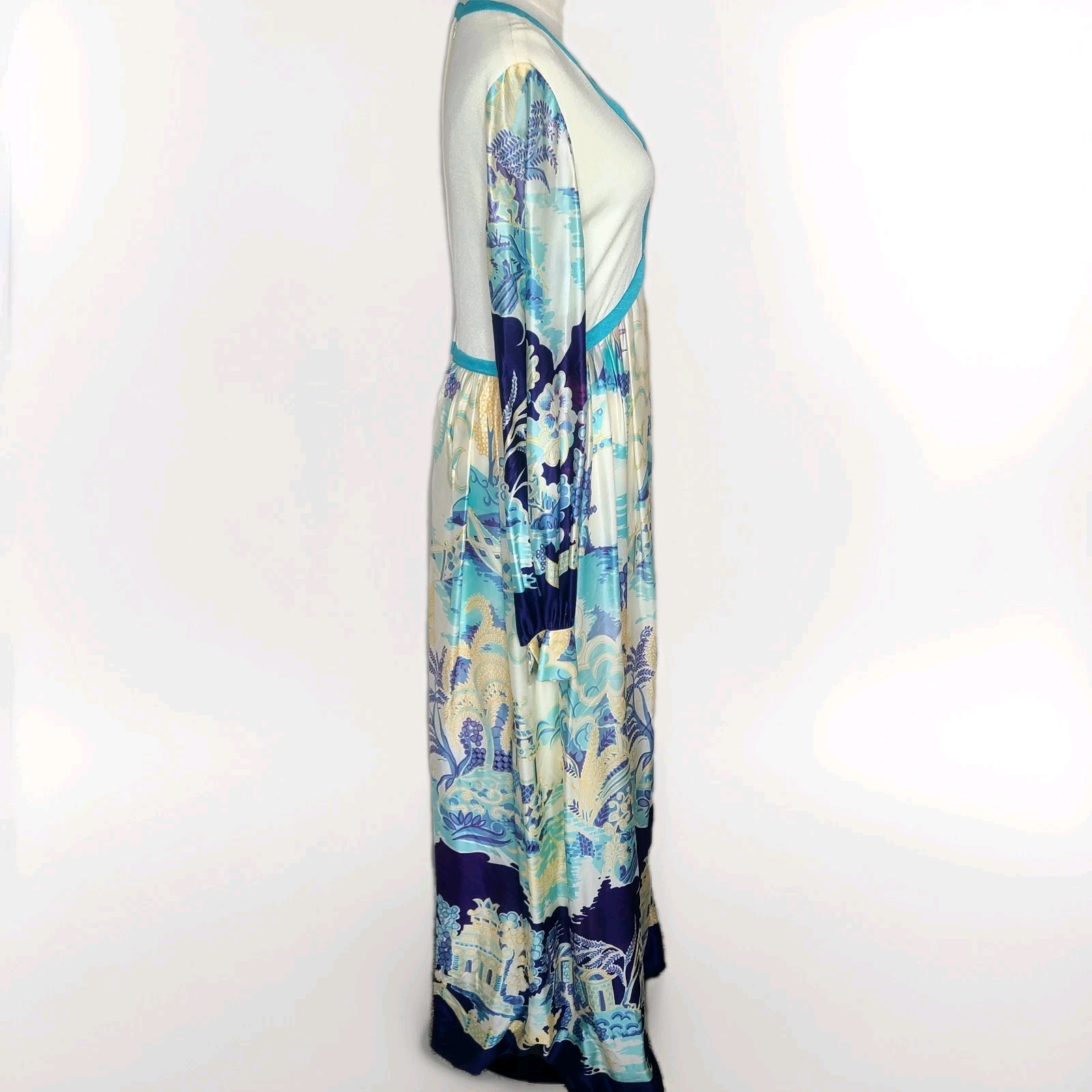 Vtg Future Couture New York Hostess Maxi Dress Asian Garden Scene 60s 70s Blue