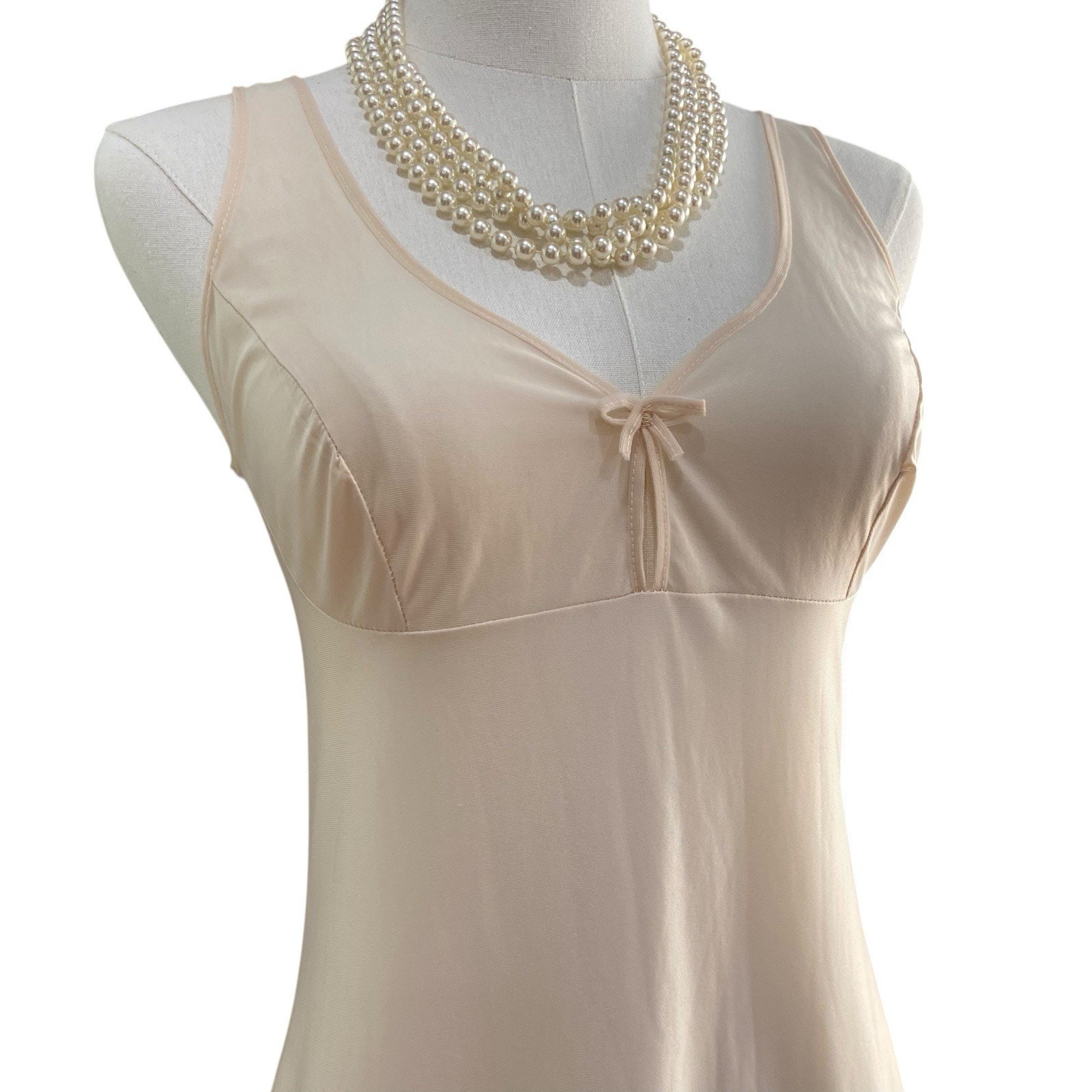 Vintage 60s Classic Beige Satin Bow Nylon Wide Strap Full Slip Dress Size S