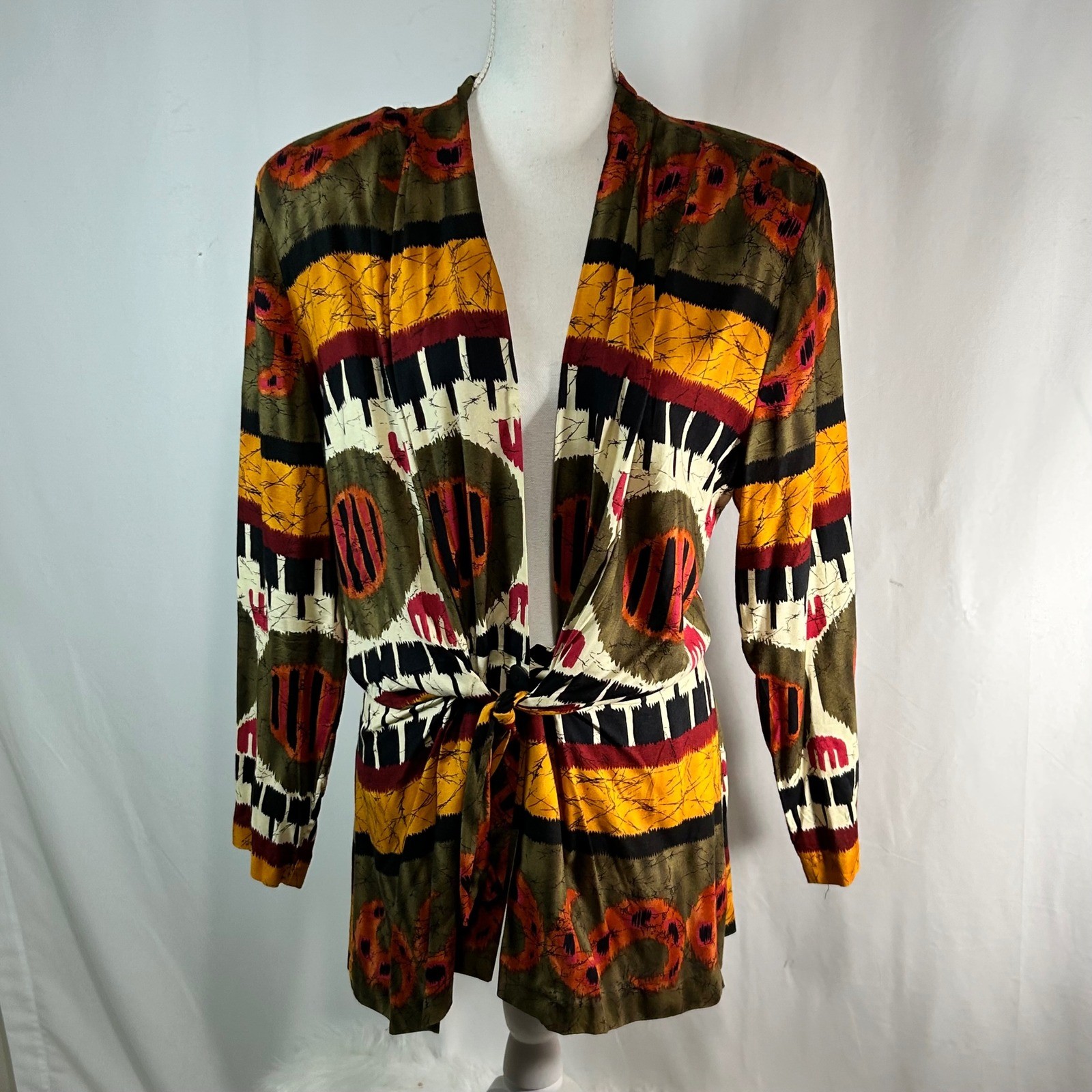 Vintage Essay by Sharon Anthony Abstract Tribal Print Tie Front Cardigan Jacket